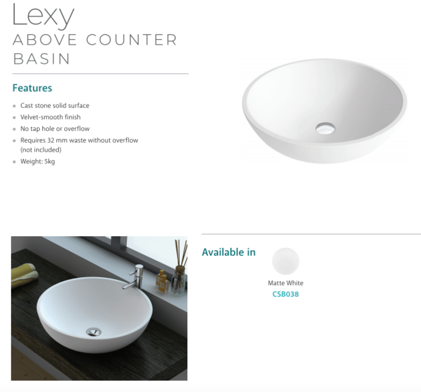 Fienza CSB038 Lexy 15-Inch Countertop Solid Surface Bathroom Sink in Matte White - Perfect for Modern Vanities and Powder Rooms