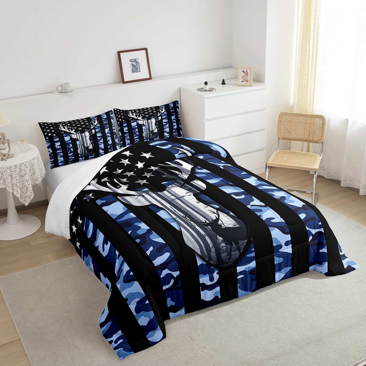 Camo American Flag Twin Comforter Set for Boys & Teens - Blue Camouflage Deer Antlers Hunting Theme Quilt Bedding with Rustic Farm Leaves & Stars Design | Perfect for Hunting Lodge, Cabin, Dorm Room & Patriotic Bedroom Decor