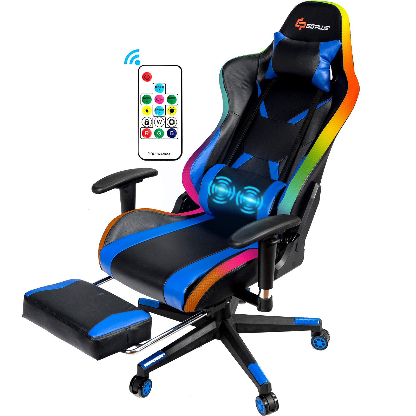 POWERSTONE RGB Gaming Chair with Footrest - Ergonomic High Back PC Gaming Chair with Massage Lumbar Support, Adjustable Armrest & Height, Swivel Racing Chair in PU Leather (Blue) - Perfect for Esports, Streaming & Home Office Setup