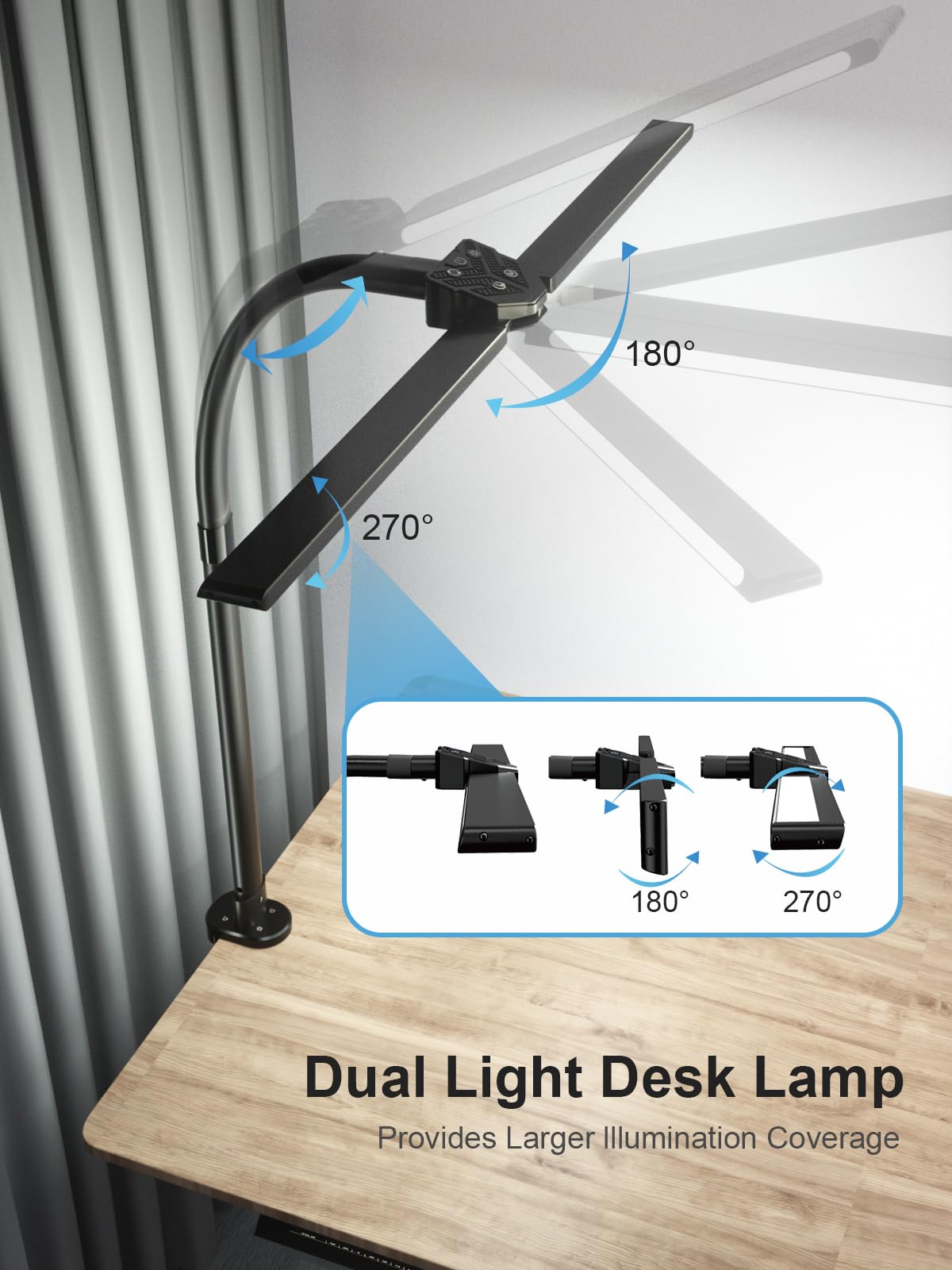Double Swing Arm LED Desk Lamp with Clamp - 24W Ultra Bright Auto Dimming Table Light with RGB Mood Lighting, Multi-Angle Adjustable Touch Control for Home Office, Study & Gaming Workspace