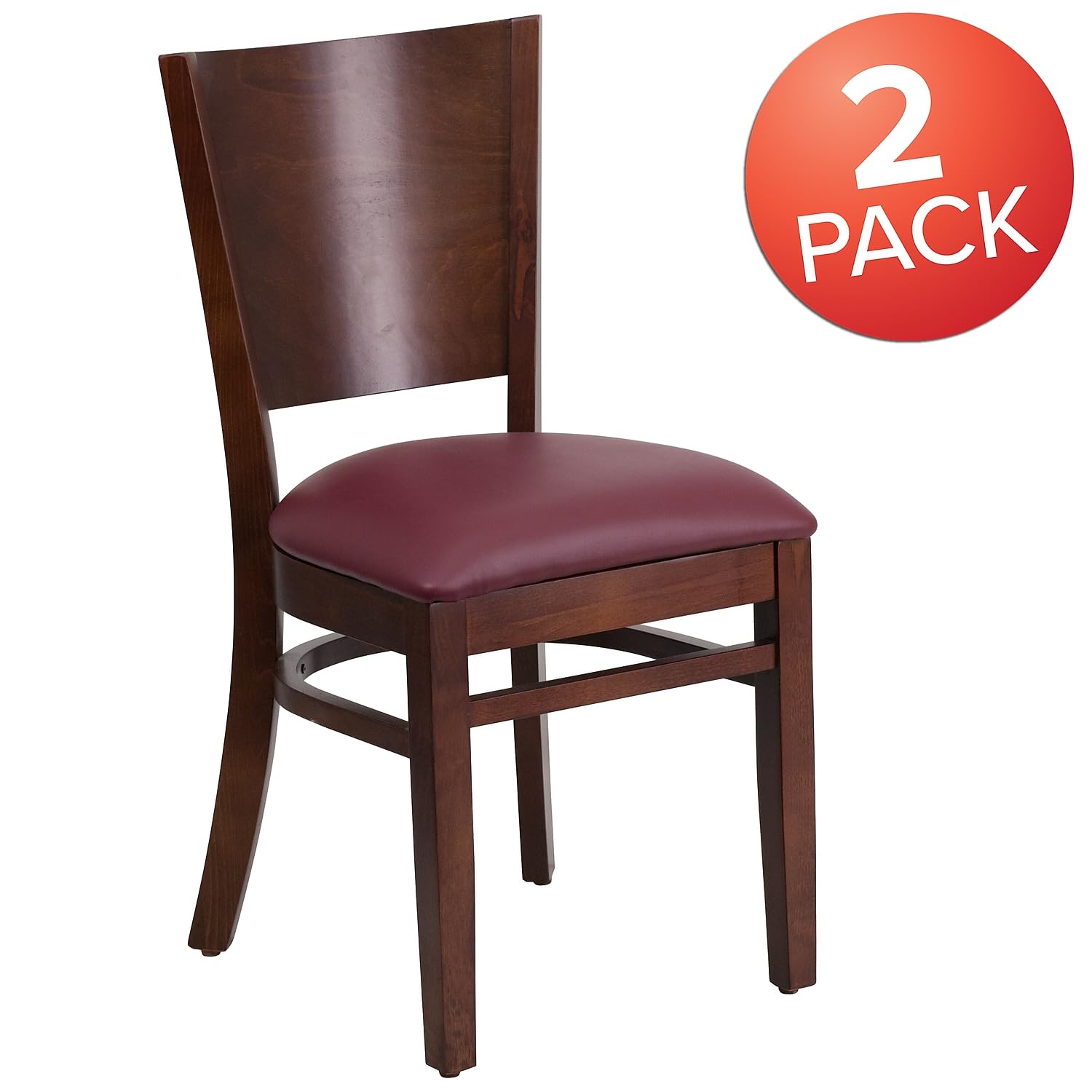 Flash Furniture 2-Pack Lacey Series Solid Back Walnut Wood Restaurant Chairs with Burgundy Vinyl Seat - Durable Dining Chairs for Restaurants, Cafes, and Home Kitchens