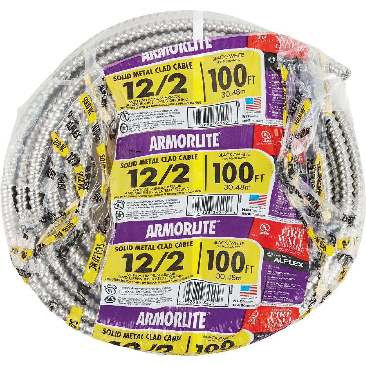 100' 12/2 MC W/G Cable - Metal Clad Electrical Wire for Home & Commercial Wiring - Ideal for Indoor Electrical Installations, Lighting Circuits, and Appliance Connections