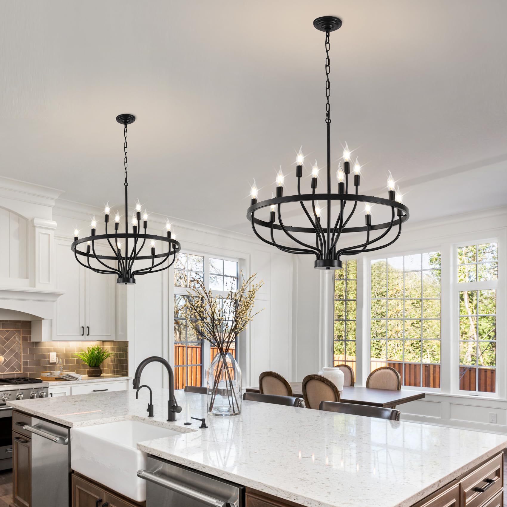 Black Farmhouse Chandelier - 12-Light Wagon Wheel Rustic Candle Round Ceiling Fixture (28 Inch) for Dining Room, Kitchen, Foyer, Entryway & Hallway - Perfect for High Ceilings & Rustic Home Decor