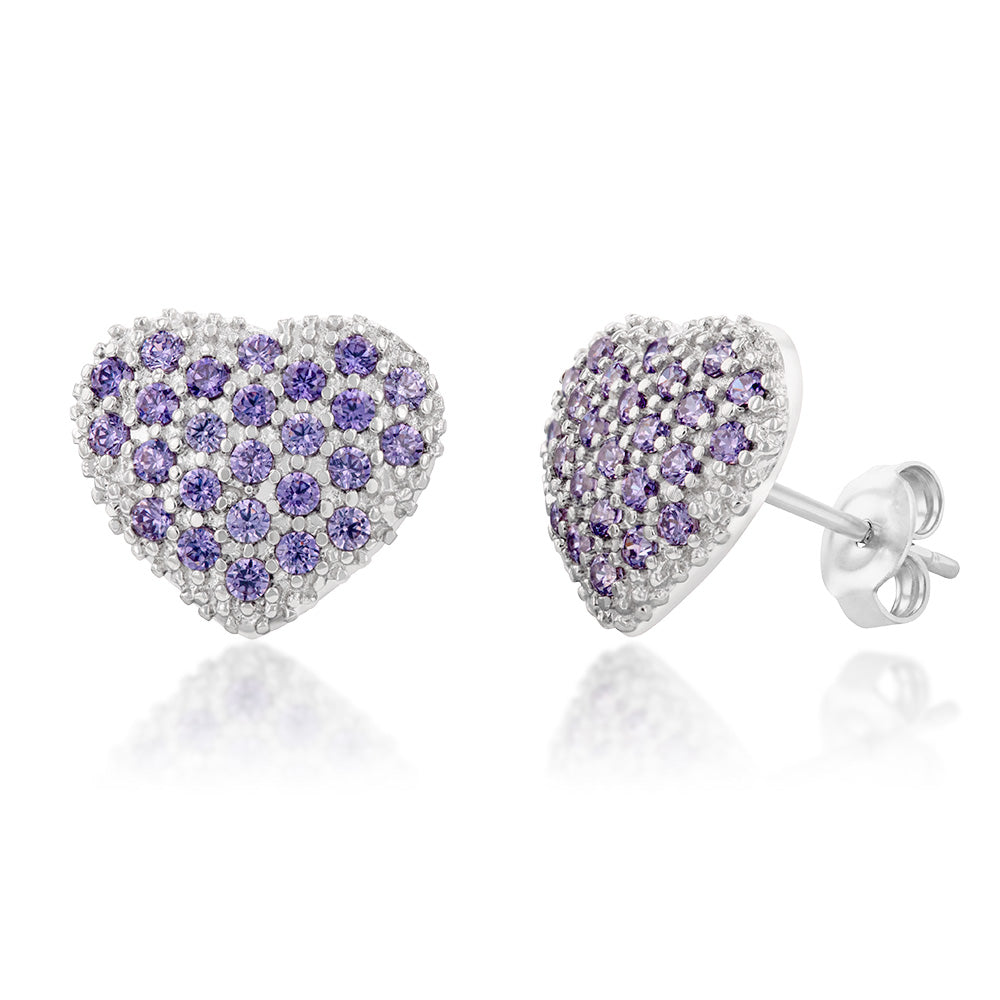 9ct White Gold Purple Cubic Zirconia Pave Heart Stud Earrings for Women - Elegant Valentine's Day Gift, Anniversary Present, Romantic Jewelry for Her - Perfect for Date Nights, Weddings & Special Occasions