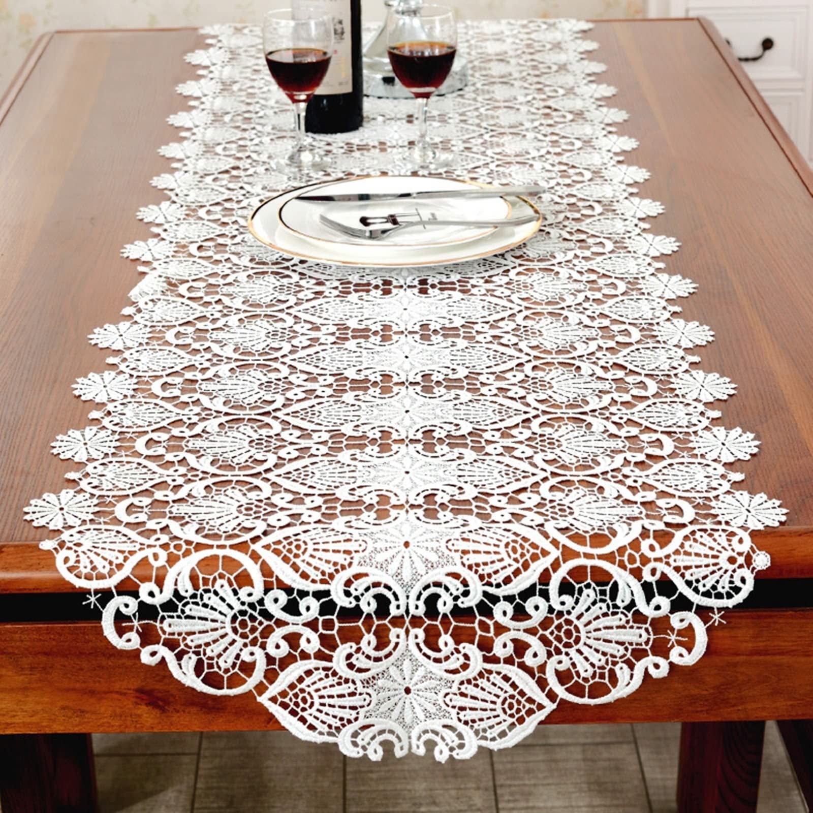 Elegant White Lace Holiday Table Runner - 50x280cm Hollow Embroidery Polyester Coffee Table Decor for Christmas, Weddings & Home Dining Decorations | Perfect for Festive Gatherings & Seasonal Tablescapes