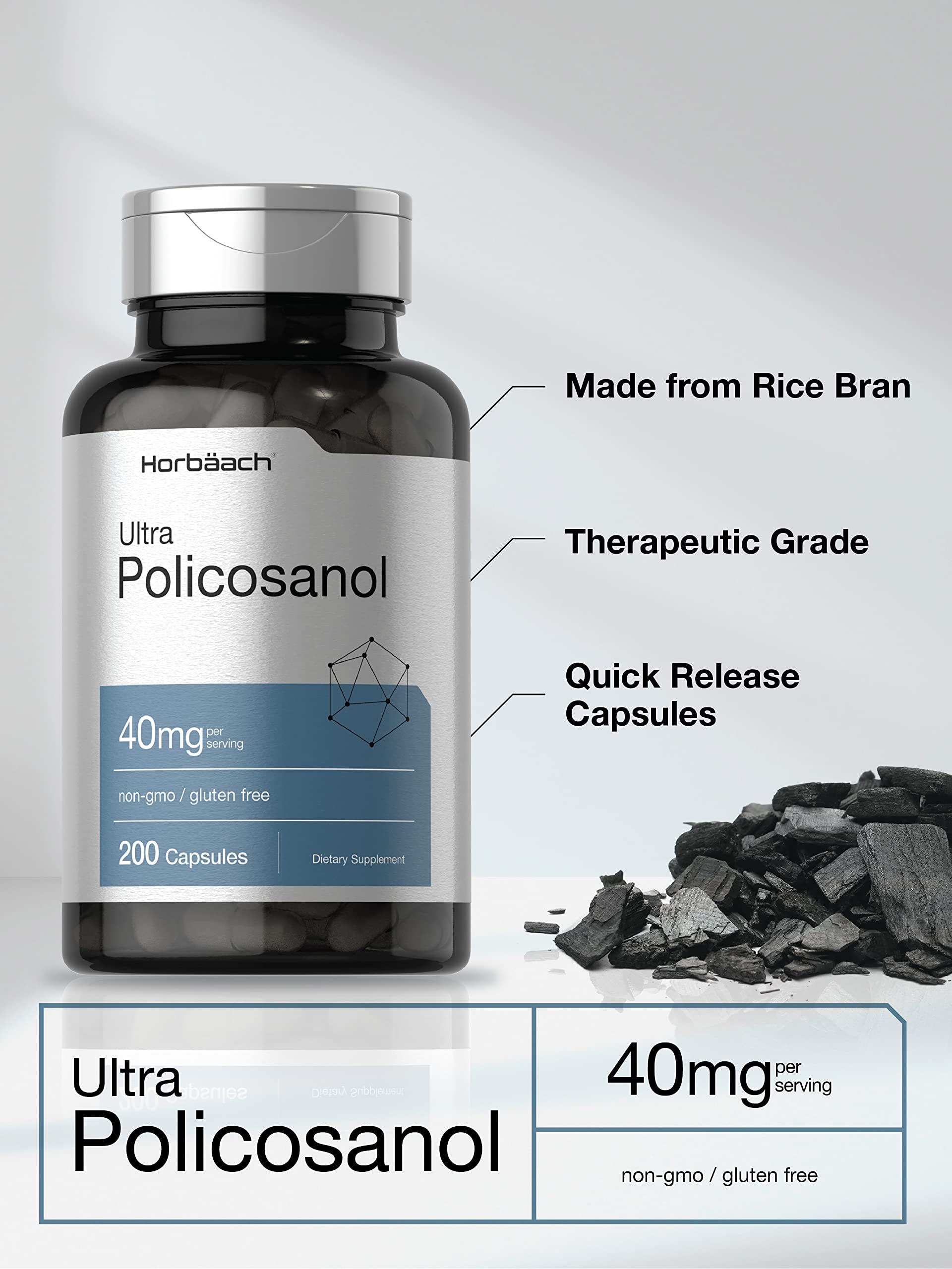 Horbäach Policosanol 40mg | 200 Capsules | Non-GMO, Gluten Free Supplement for Heart Health & Cholesterol Support | Supports Cardiovascular Wellness Naturally