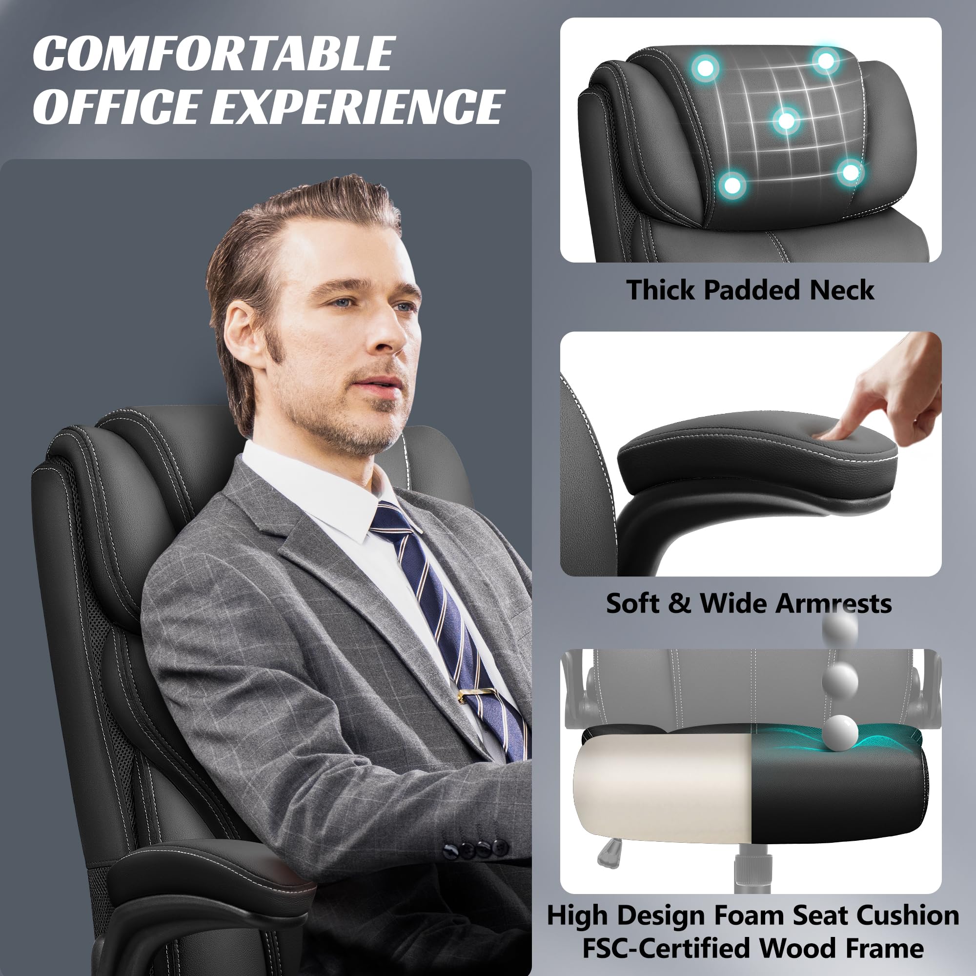 Ergonomic Big and Tall Office Chair - Adjustable High Back Executive Computer Desk Chair with Breathable Leather, Flip-Up Armrests & Lumbar Support - Swivel & Rocking PC Gaming Chair for Home Office, Workstation & Conference Room