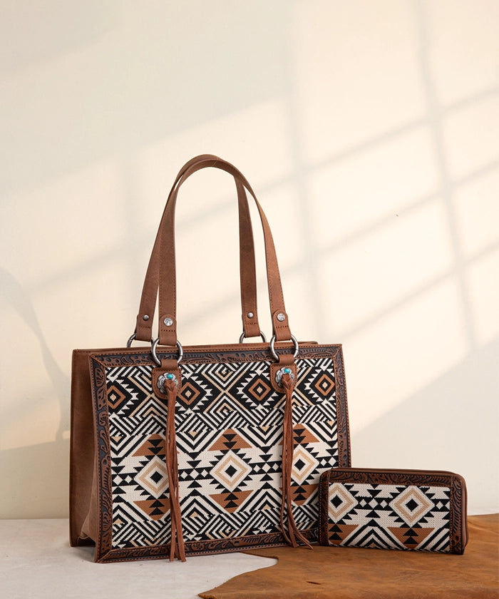 Montana West Southwestern Tooled Leather Tote Bag Set - Stylish Cowgirl Handbag for Women, Western Boho Purse for Work, Travel & Shopping