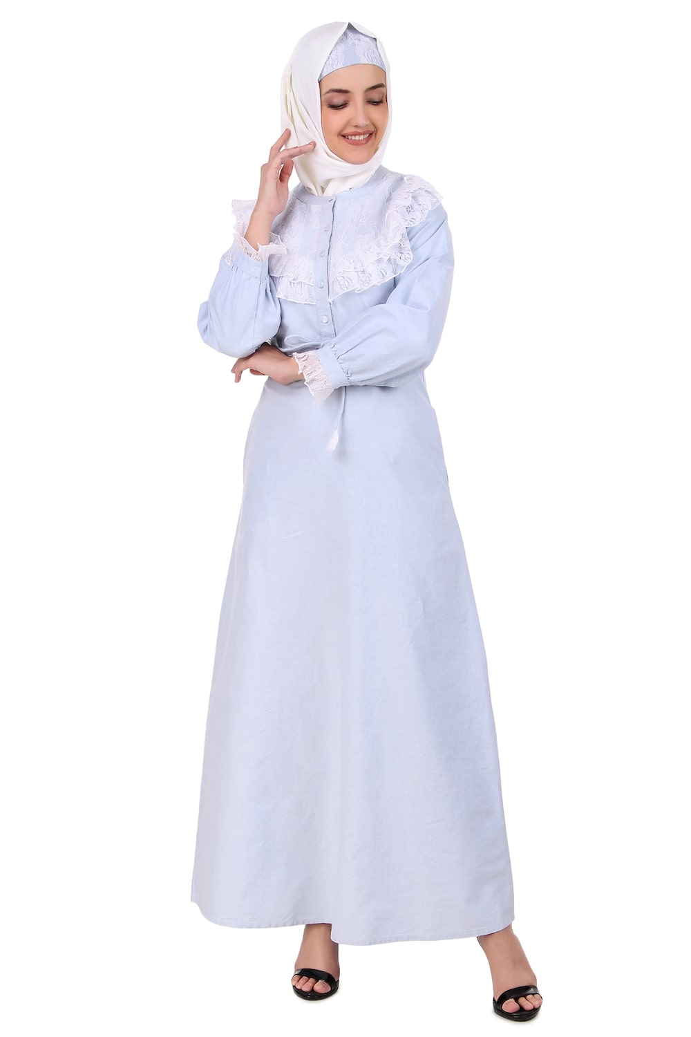Elegant Drawstring Lace Embellished Cotton Chambray Abaya Dress - Modest Muslim Prayer Dress for Women, Perfect for Mosque, Eid and Special Occasions