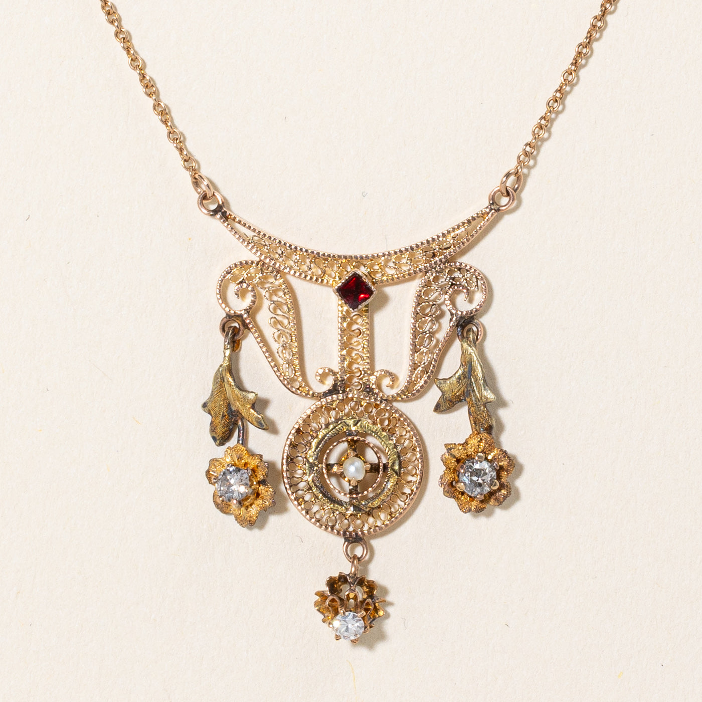 Art Nouveau Intricate Filigree Enamelled Necklace - 0.22ctw Diamond Accent - 16 Inch Vintage Jewelry for Women - Perfect for Weddings, Parties & Special Occasions