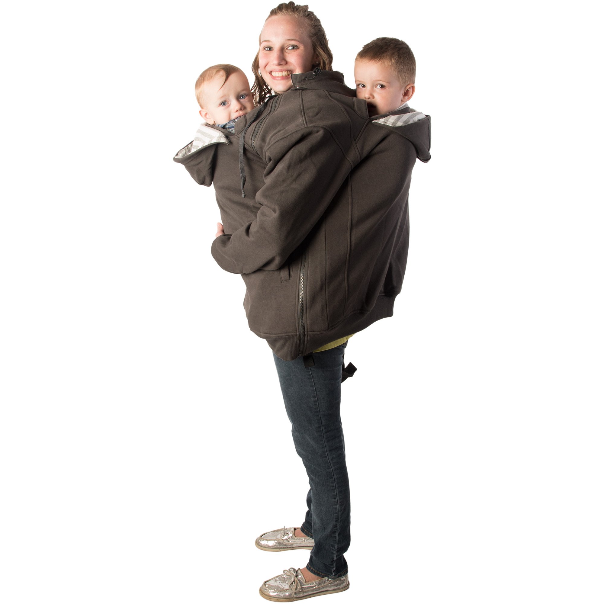 RooCoat Tandem Baby Carrier & Maternity Winter Coat - Charcoal Gray Stripes XL - Hands-Free Babywearing for Parents, Nursing Jacket for Moms, Perfect for Outdoor Walks & Errands