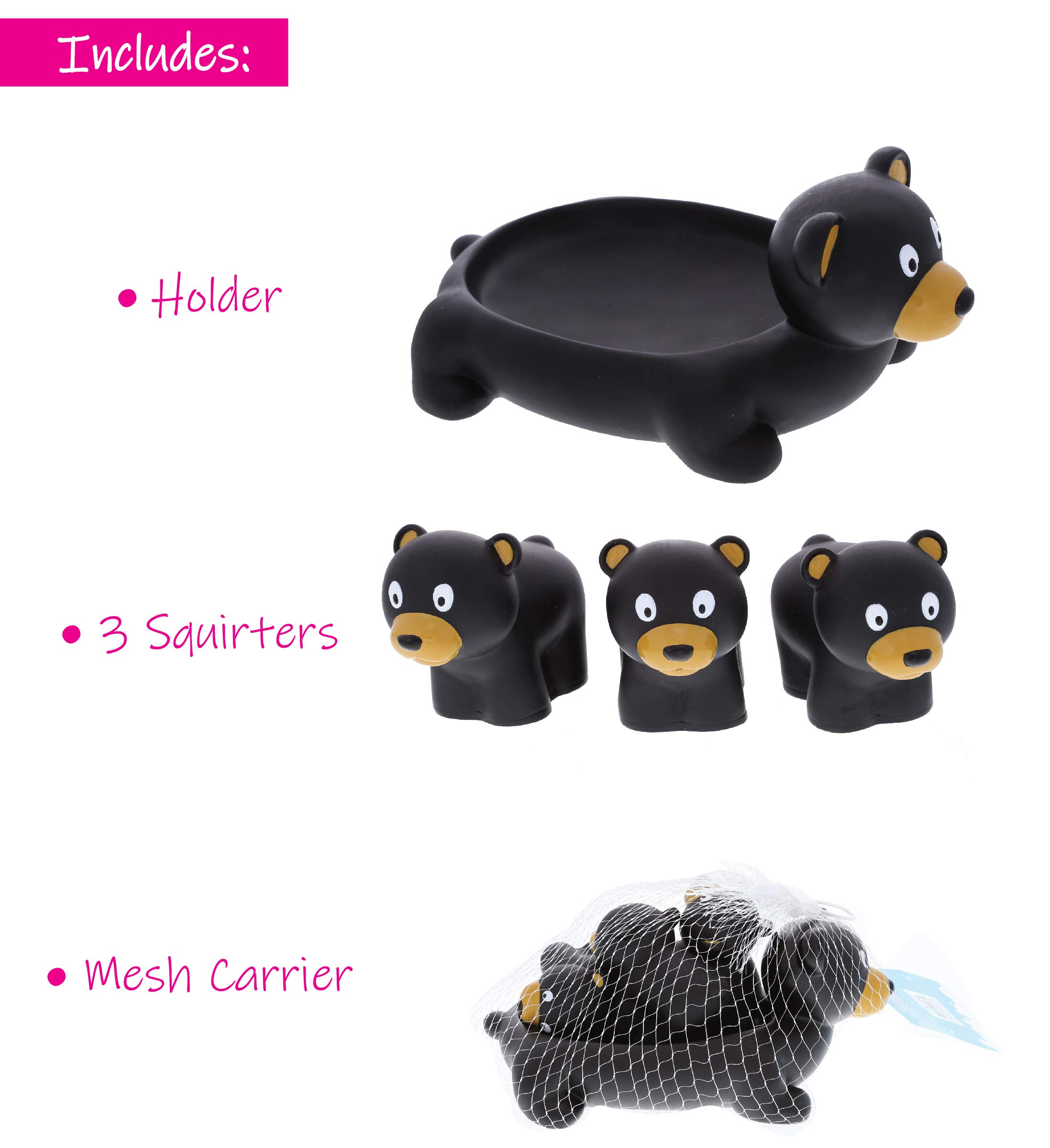 DolliBu Black Bear Animal Bath Toys for Kids - 4-Piece Water Squirter Bathtub Toys Set, Fun Floating Rubber Animal Toys for Baby & Toddler Bath Time | Perfect for Sensory Play, Pool Parties & Bathroom Decor