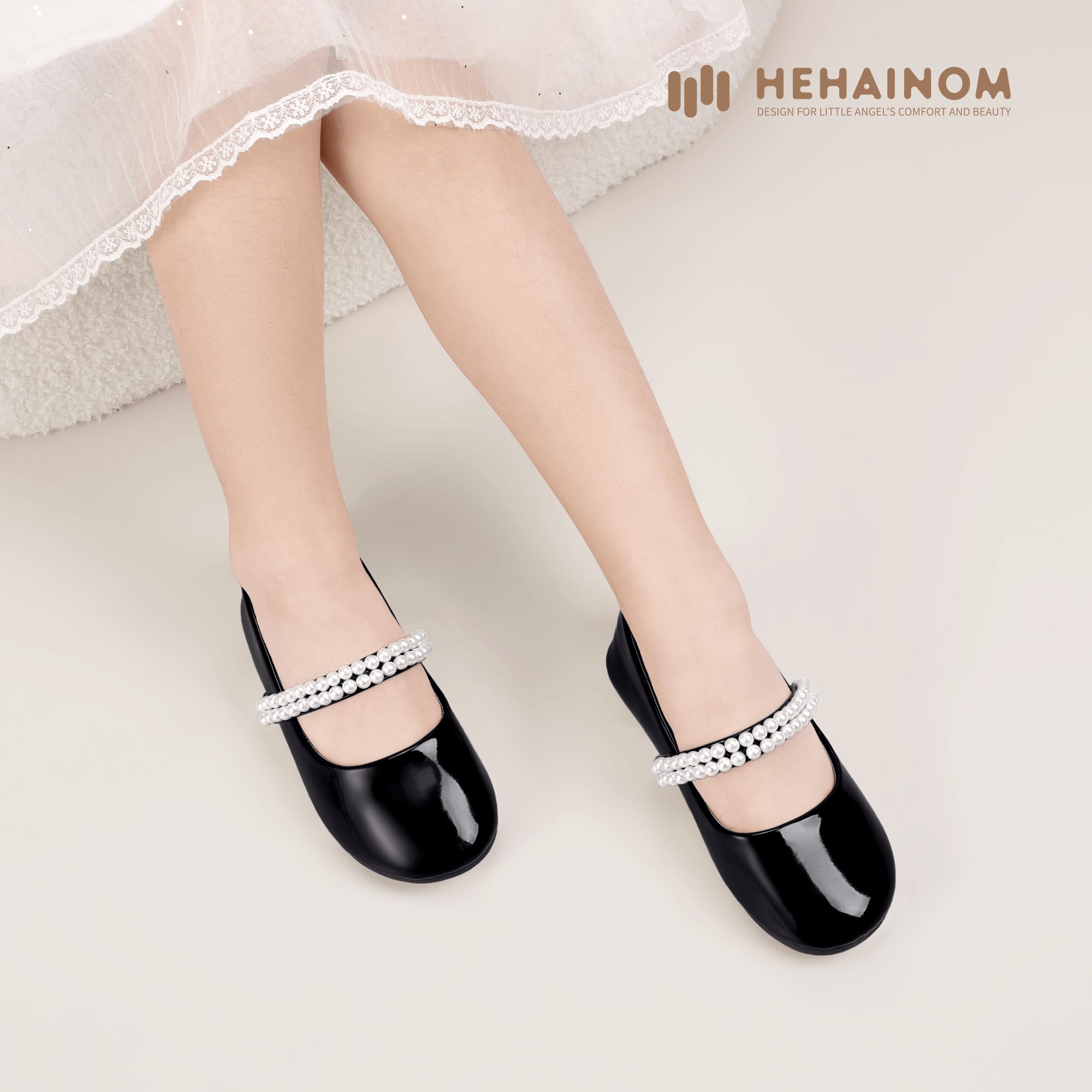 Hehainom Toddler Flower Girls Dress Shoes - Mary Jane Princess Ballet Flats with Bow & Pearls for Party, School, Wedding, and Special Occasions - Comfortable & Stylish Formal Shoes for Little Girls