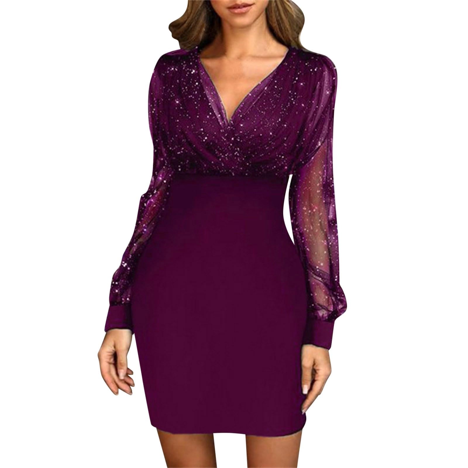 Rvidbe Women's Deep V Neck Sparkly Glitter Mini Dress - Elegant Long Sleeve Cocktail Party Dress for Spring | Perfect for Club Nights, Date Nights & Special Occasions