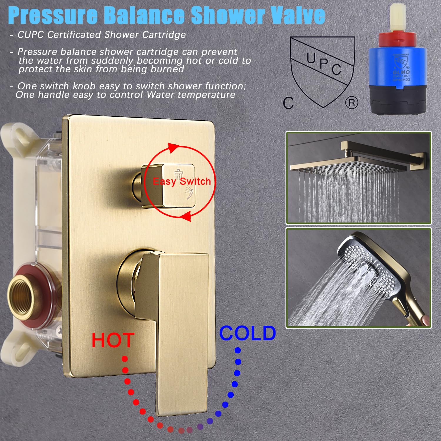 10 Inch Rainfall Shower System with 4-Setting Handheld Spray, Pressure Balance Valve & Brushed Gold Trim Kit - Wall Mounted Bathroom Faucet Set for Luxurious Spa Experience at Home