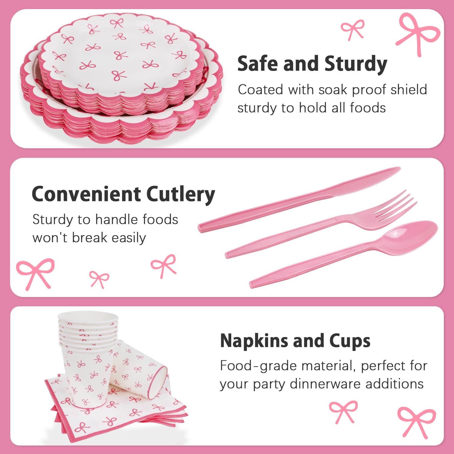 175Pcs Pink Bow Birthday Party Decorations Set - Plates, Napkins, Cups & Cutlery for 25 Guests | Coquette Theme Girls Birthday Supplies | Perfect for Princess Themed Parties, Baby Showers & Bridal Showers