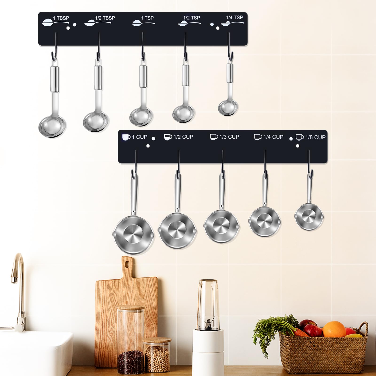 Premium Measuring Cups and Spoons Hanging Rack - 2-Piece Kitchen Organizer with Screw & Adhesive Mounting for Easy Storage | Perfect for Baking, Cooking, and Kitchen Organization