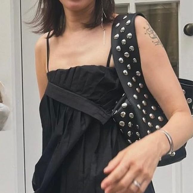 Y2K Studded Shoulder Bag - 90s Punk Vegan Leather Small Purse for Women | Retro Streetwear Designer Handbag | Perfect for Concerts, Night Out & 2000s Fashion