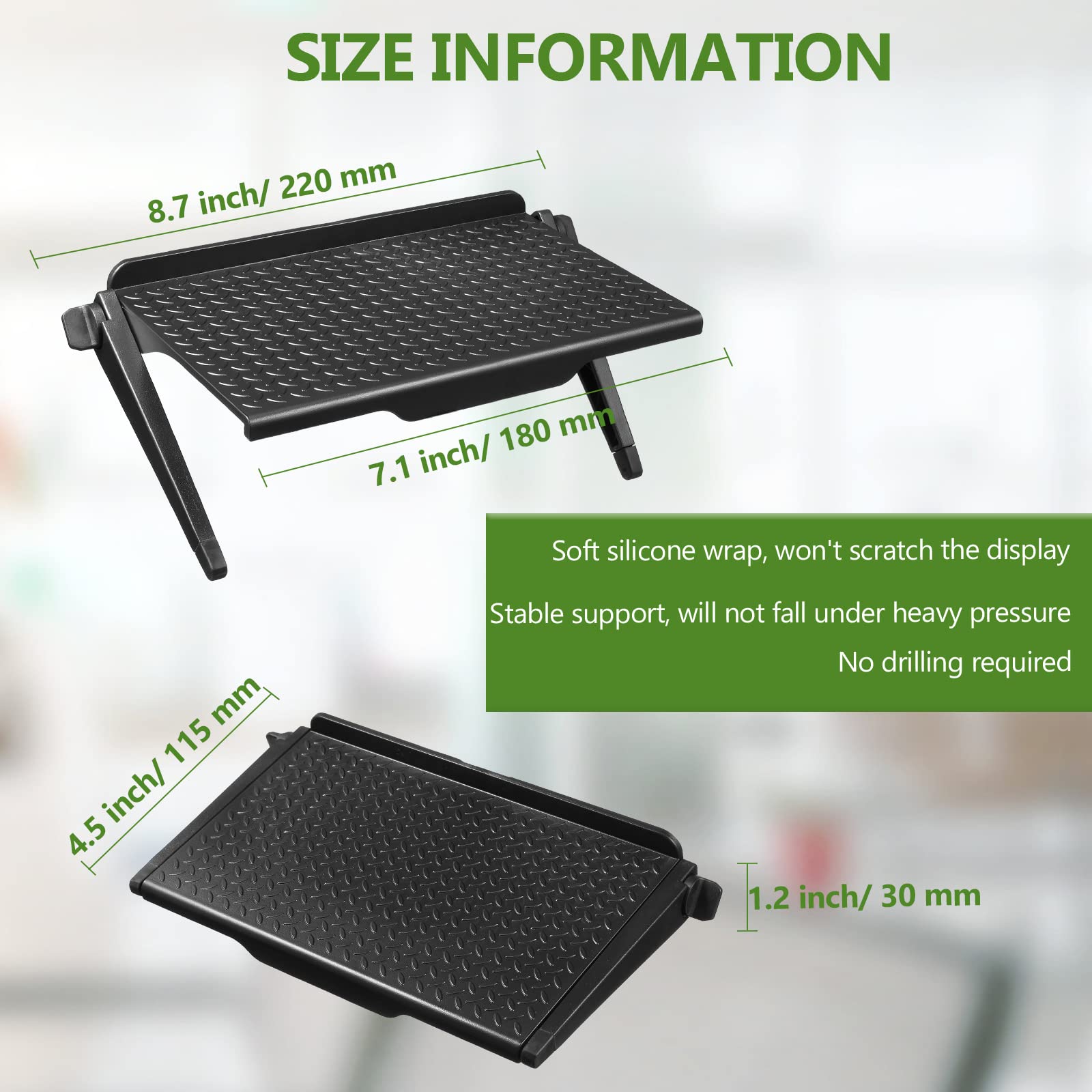 6-Piece Adjustable TV Top Screen Shelf - Black Plastic Monitor Stand for Video Game Consoles, Routers & Media Boxes (8.5 x 4.5 Inch) - Perfect for Living Room Entertainment Centers & Home Office Organization