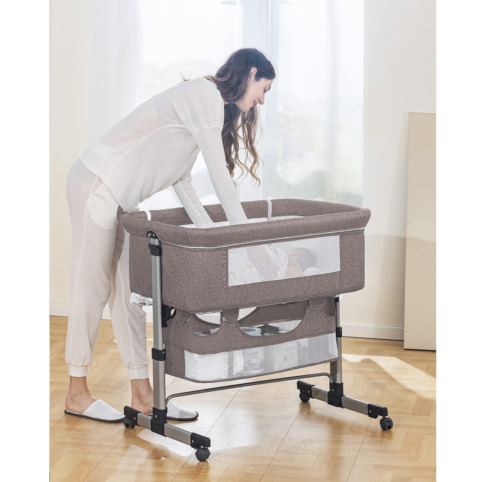 iHoming Portable Baby Bassinet Bedside Sleeper - Adjustable Newborn Crib with Storage Basket & Easy Folding Design - Perfect for Nursery, Bedroom & Travel (Khaki)