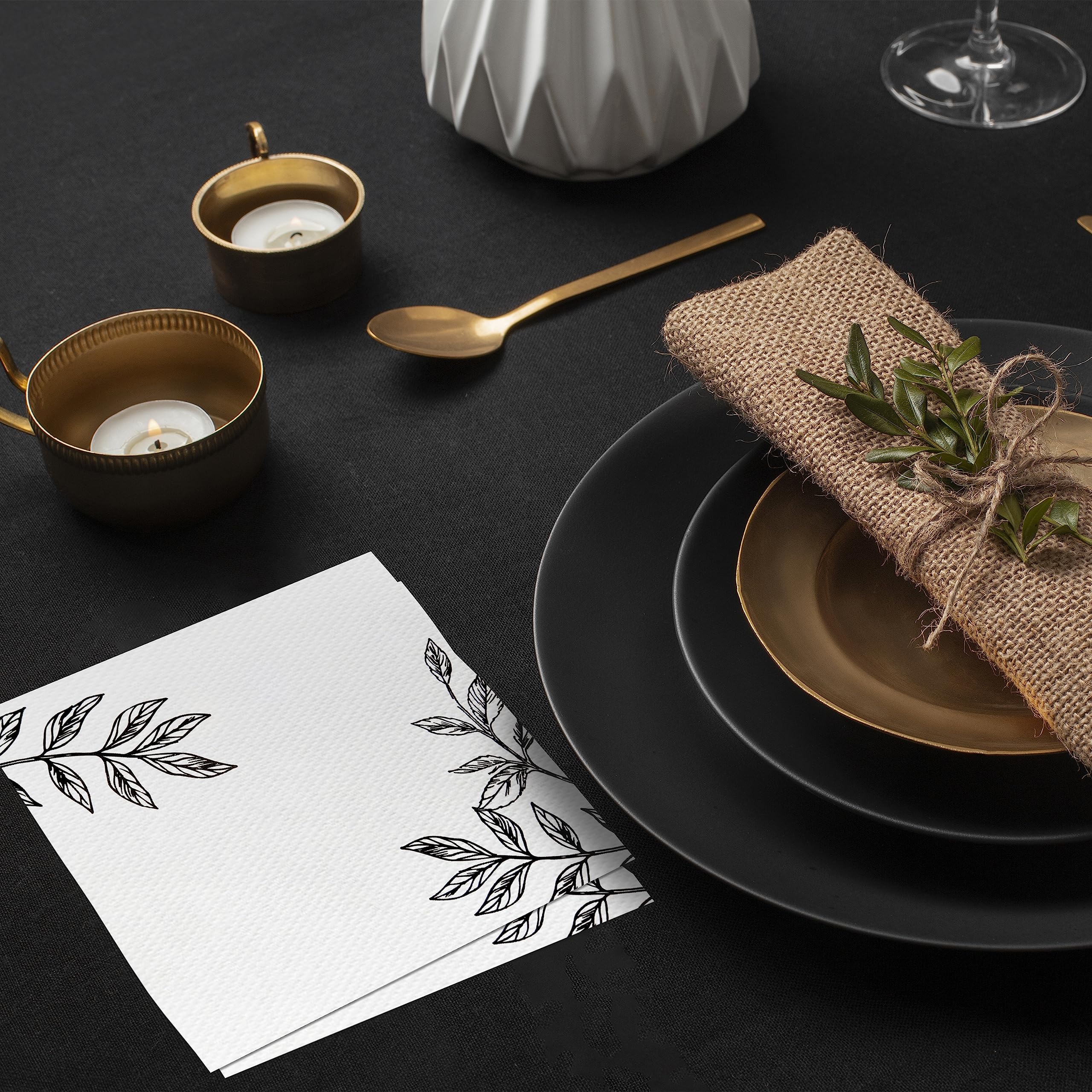 Premium 3-Ply Black & White Floral Cocktail Napkins - 6.5
