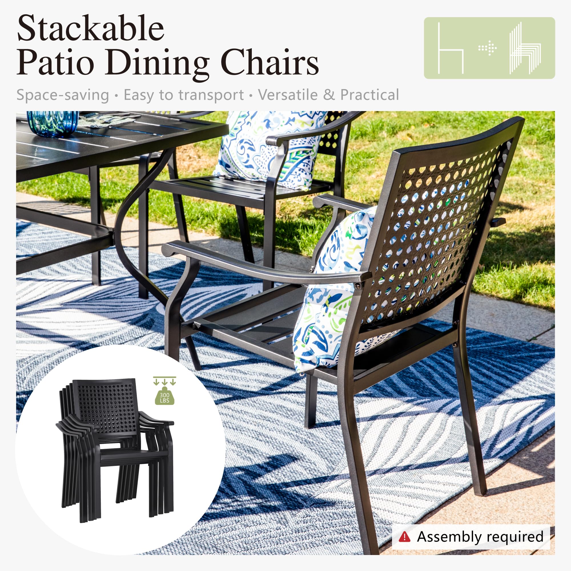 PHI VILLA 2-Piece Black Metal Stackable Patio Dining Chairs Set with Armrests - Heavy Duty Wrought Iron Frame Outdoor Chairs for Garden, Backyard, Lawn - Supports 300 lbs - Perfect for Outdoor Dining, Poolside Relaxation & Entertaining Guests