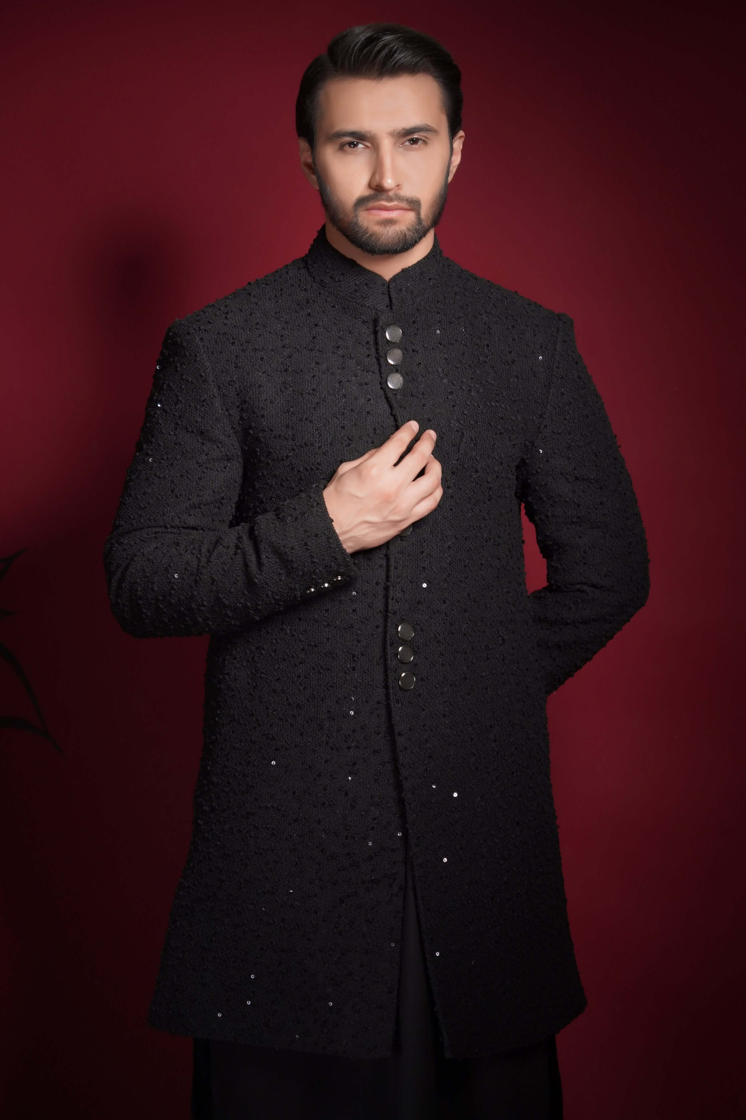 Jet Black Sequined Sherwani for Men - Premium Limited Edition Indian Wedding Attire | Elegant Groom & Party Wear for Festivals, Ceremonies & Special Occasions