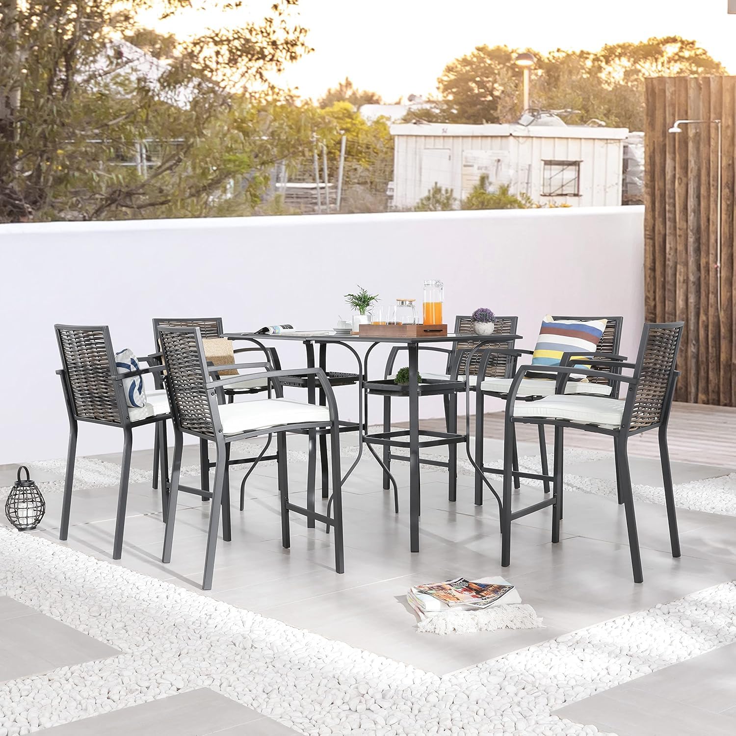 LOKATSE HOME 6-Piece Counter Height Bar Stool Set with Armrests - Beige Patio Chairs for Garden, Pool, Lawn & Backyard - Perfect for Outdoor Dining, Entertaining & Relaxation