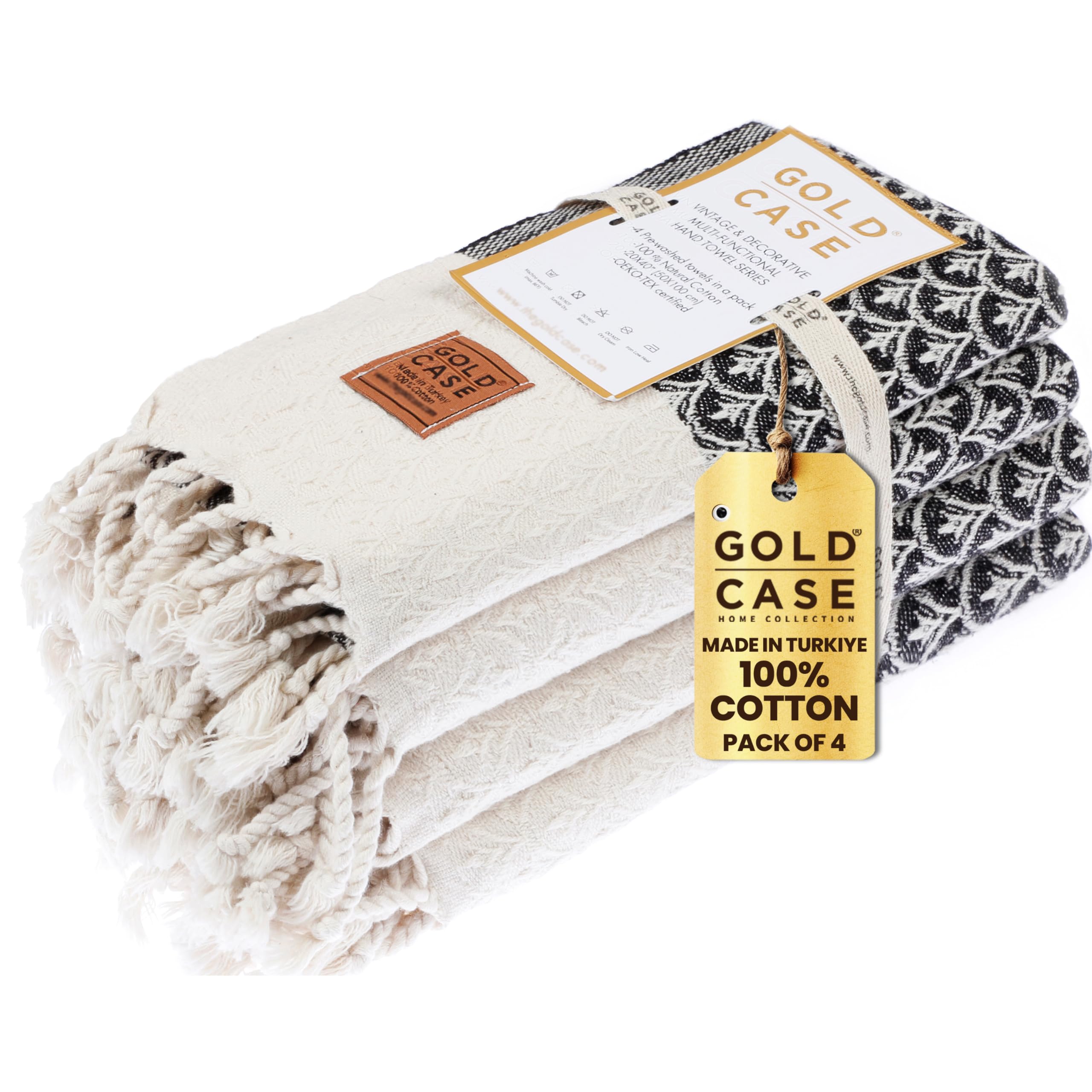Premium 100% Cotton Turkish Hand Towels Set of 4 - Gold Case Bathroom Towels for Spa, Face & Kitchen - Decorative Black Patterned Weave - Perfect for Guest Bathrooms, Luxury Hotels & Home Decor Gifts