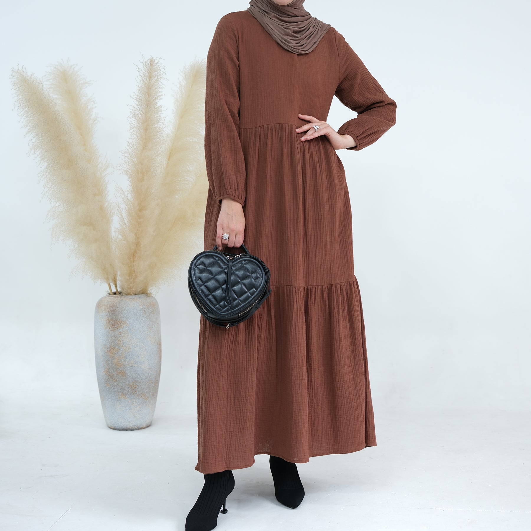 Long Sleeve Prairie Maxi Dress in Brown - Boho Chic Flowy Dress for Women, Perfect for Fall Weddings, Date Nights & Casual Outings