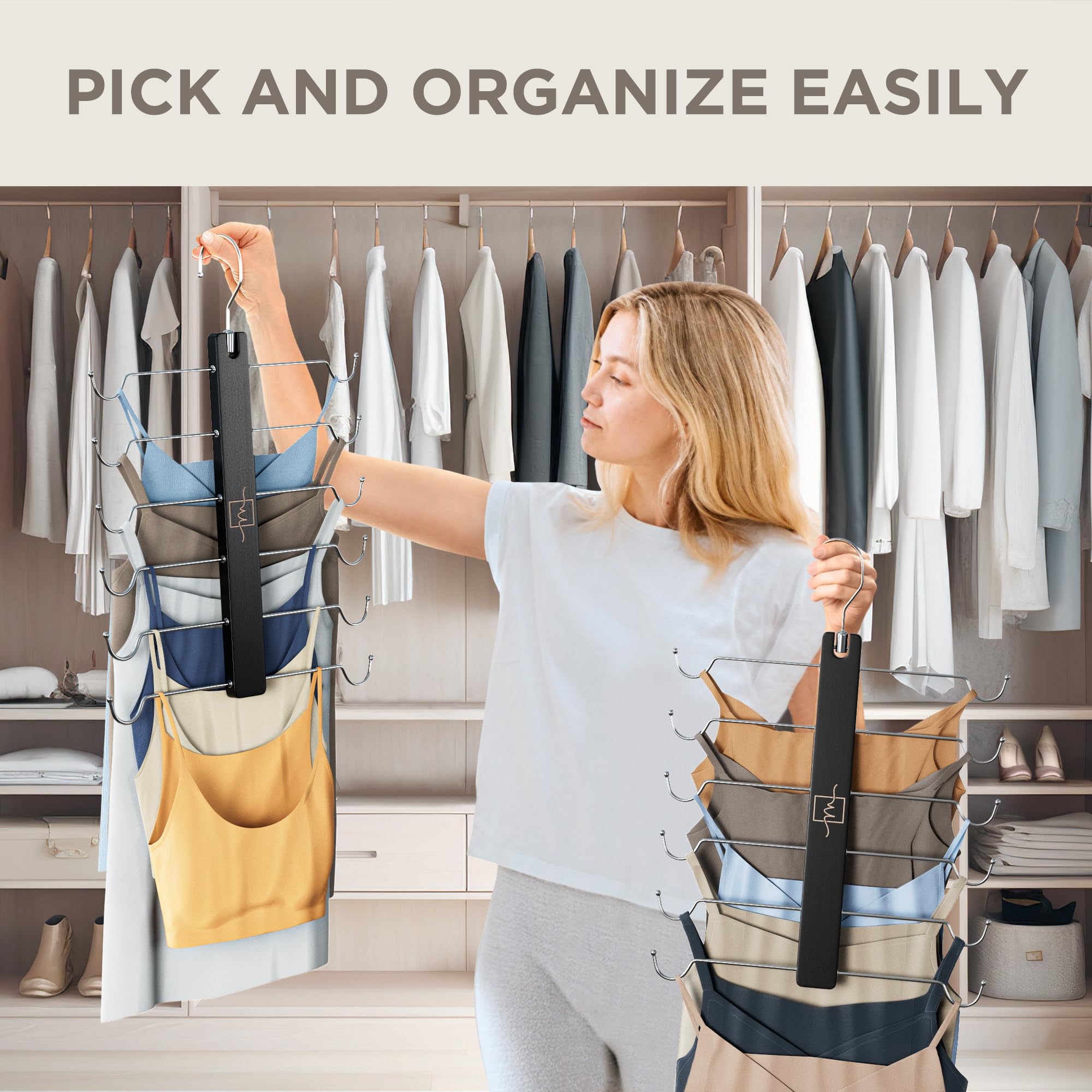 MORALVE 2-Pack European Beechwood Tank Top Hangers with 360° Swivel Hook - Space Saving Closet Organizer for Sports Bras, Camisoles & Tank Tops - Perfect for Small Closets, Dorm Rooms & Travel Wardrobe Organization