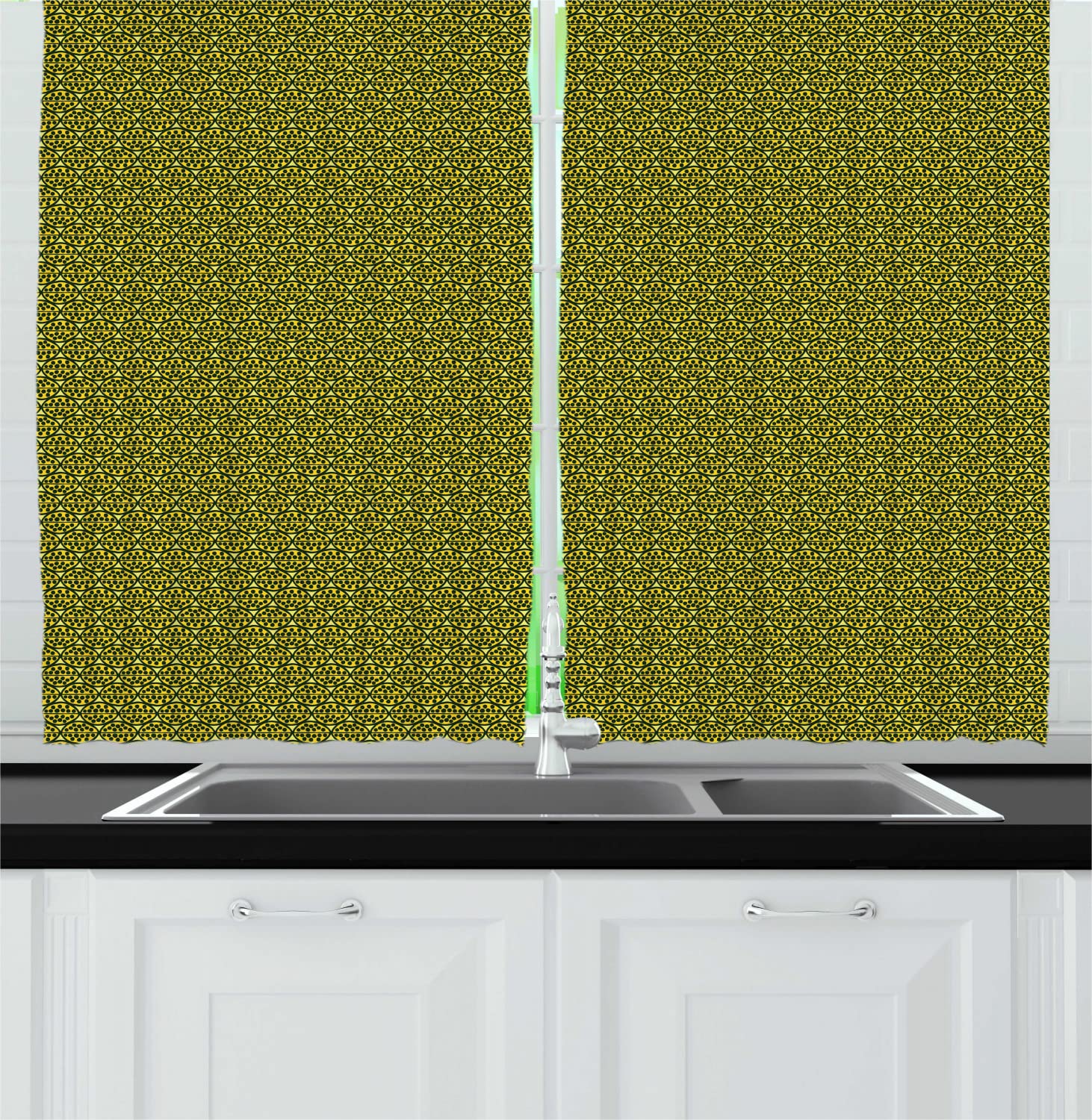Ambesonne Abstract Art Long Kitchen Curtains - Exotic Fruit & Tropical Foliage Bohemian Design, 55x45 Inch Rod Pocket Drapes in Mustard & Emerald Green | Perfect for Boho Chic Kitchens, Dining Rooms & Sunrooms