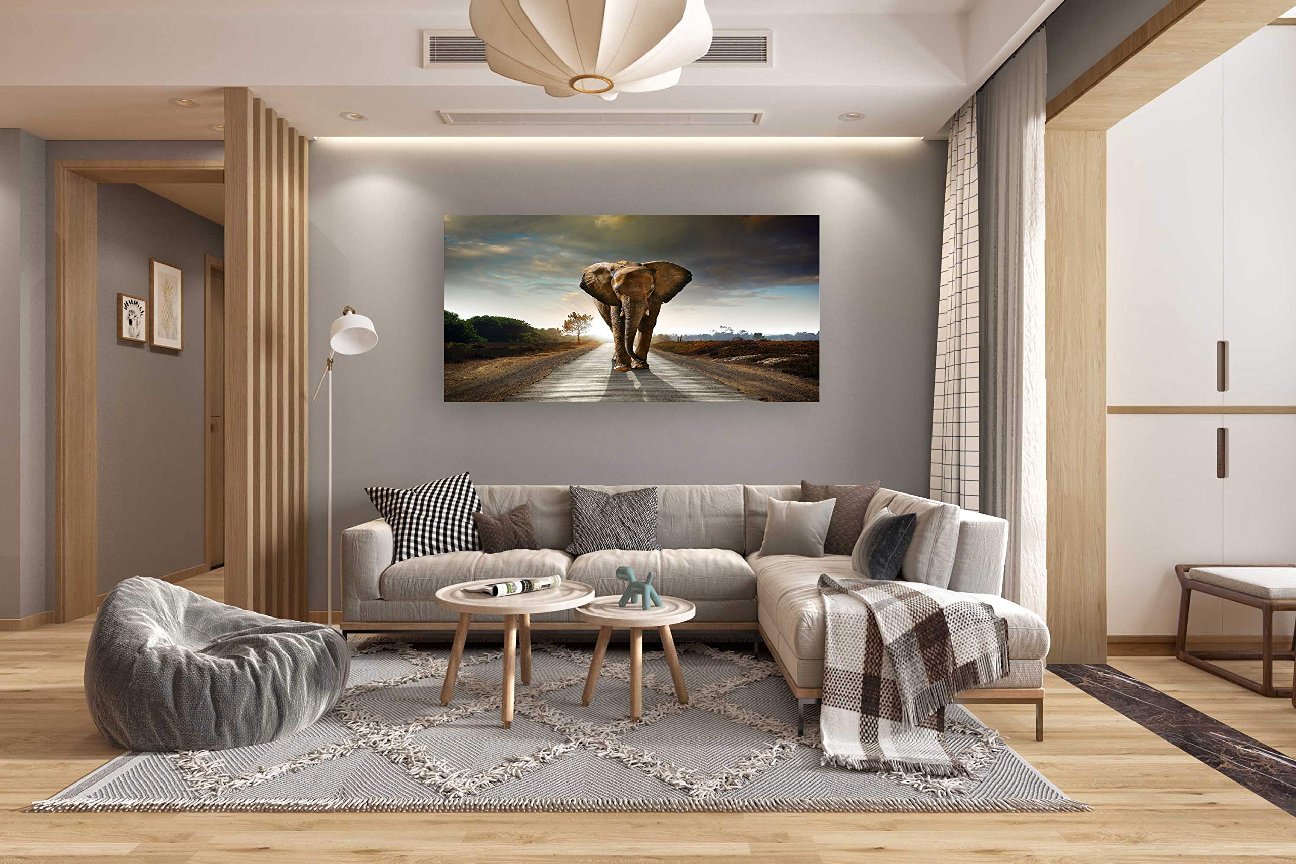 Muolunna D1262 Elephant Canvas Wall Art - Stretched & Framed Grey Landscape Animal Painting for Living Room, Bedroom, Home Office & Kitchen Decor | Perfect for Nature Lovers & Modern Interior Design