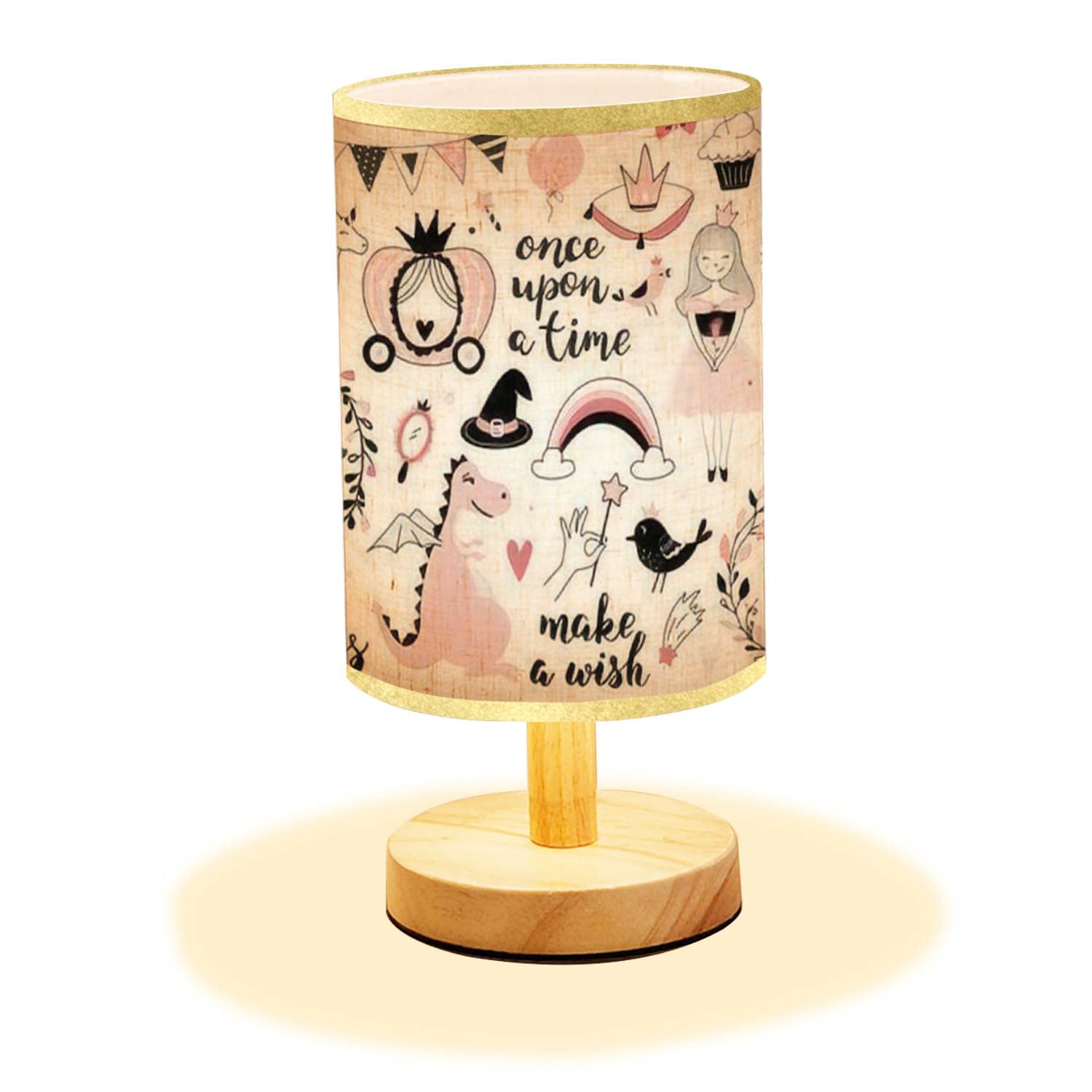 Minimalist Wooden Nightstand Lamp with Princess Design, Calligraphy & Crown Icons - Flaxen Fabric Shade for Bedroom, Living Room, Nursery | Perfect for Reading, Relaxing & Creating Cozy Ambiance