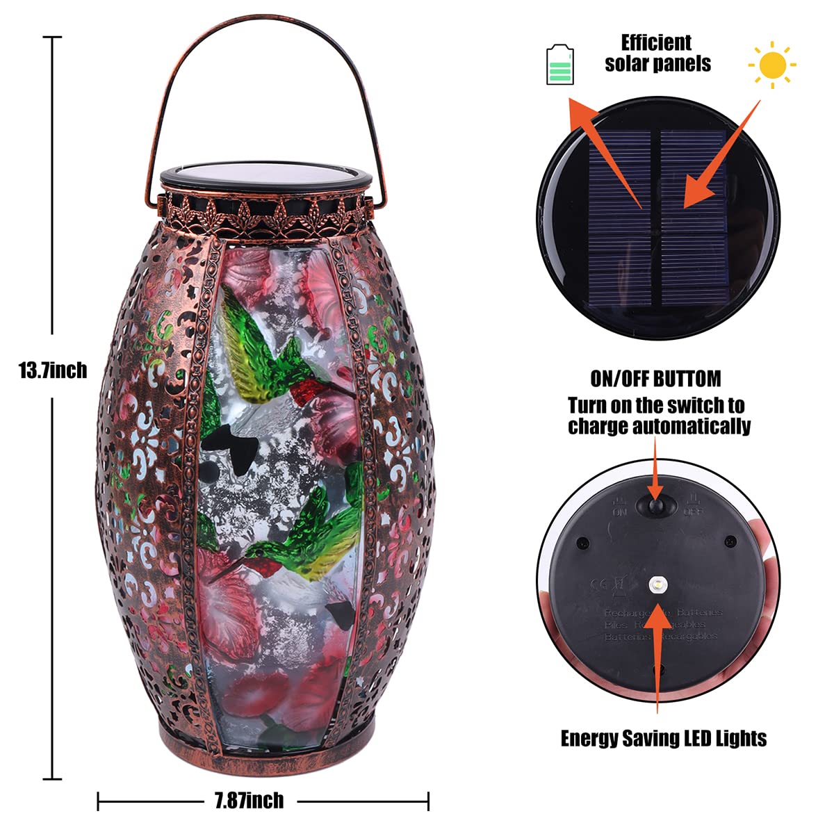 Solar Powered LED Hummingbird Glass Lantern - Waterproof Outdoor Decorative Lighting with Hollowed-Out Design for Garden, Patio, Pathway, Yard, Tabletop & Indoor Use | Perfect for Holiday Decor, Wedding Centerpieces & Romantic Ambiance