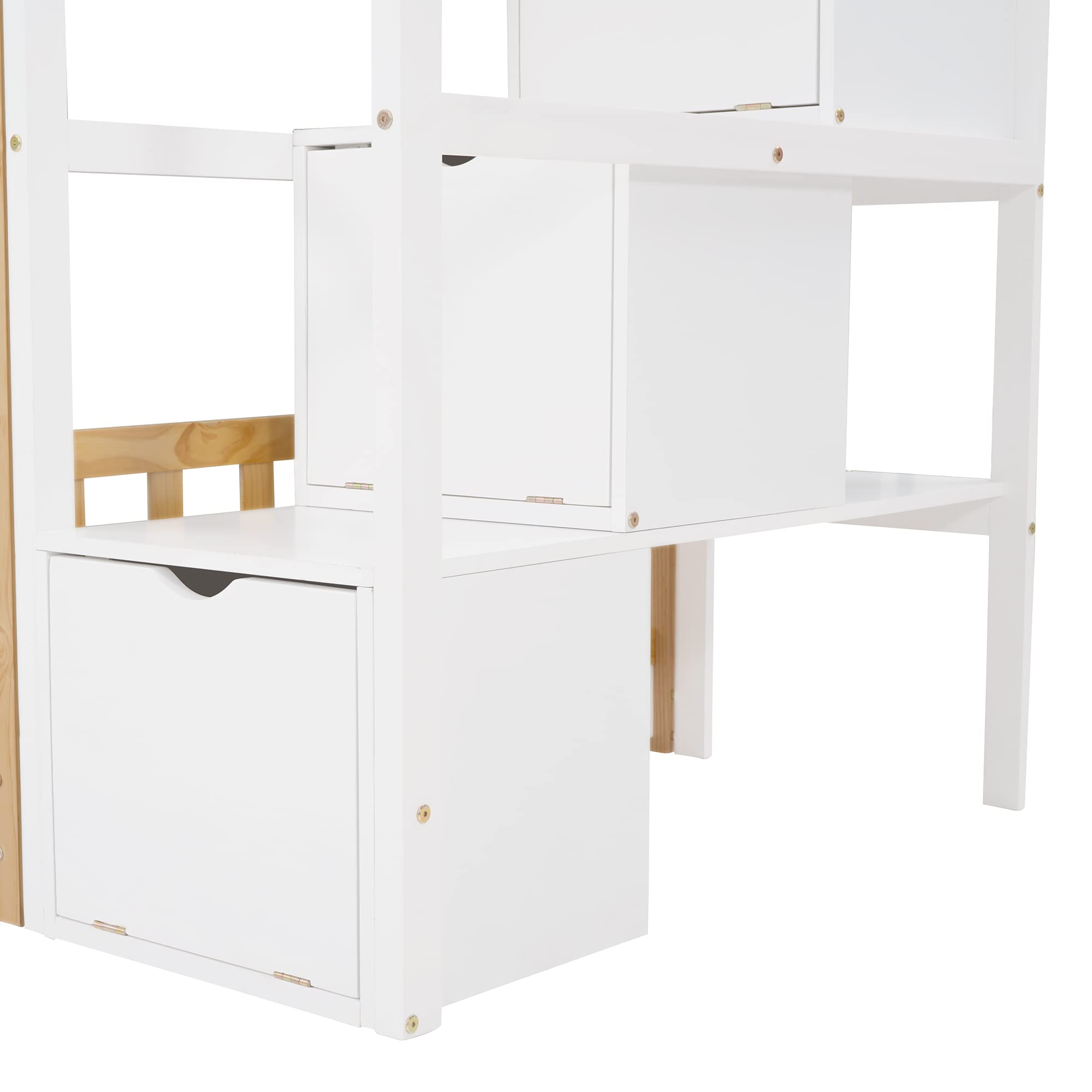 MERITLINE Twin Over Twin Low Bunk Bed with Roof & Stairs - Solid Wood Bunk Bed for Kids, Girls & Boys in Natural White Finish | Space-Saving Bedroom Solution for Siblings & Sleepovers