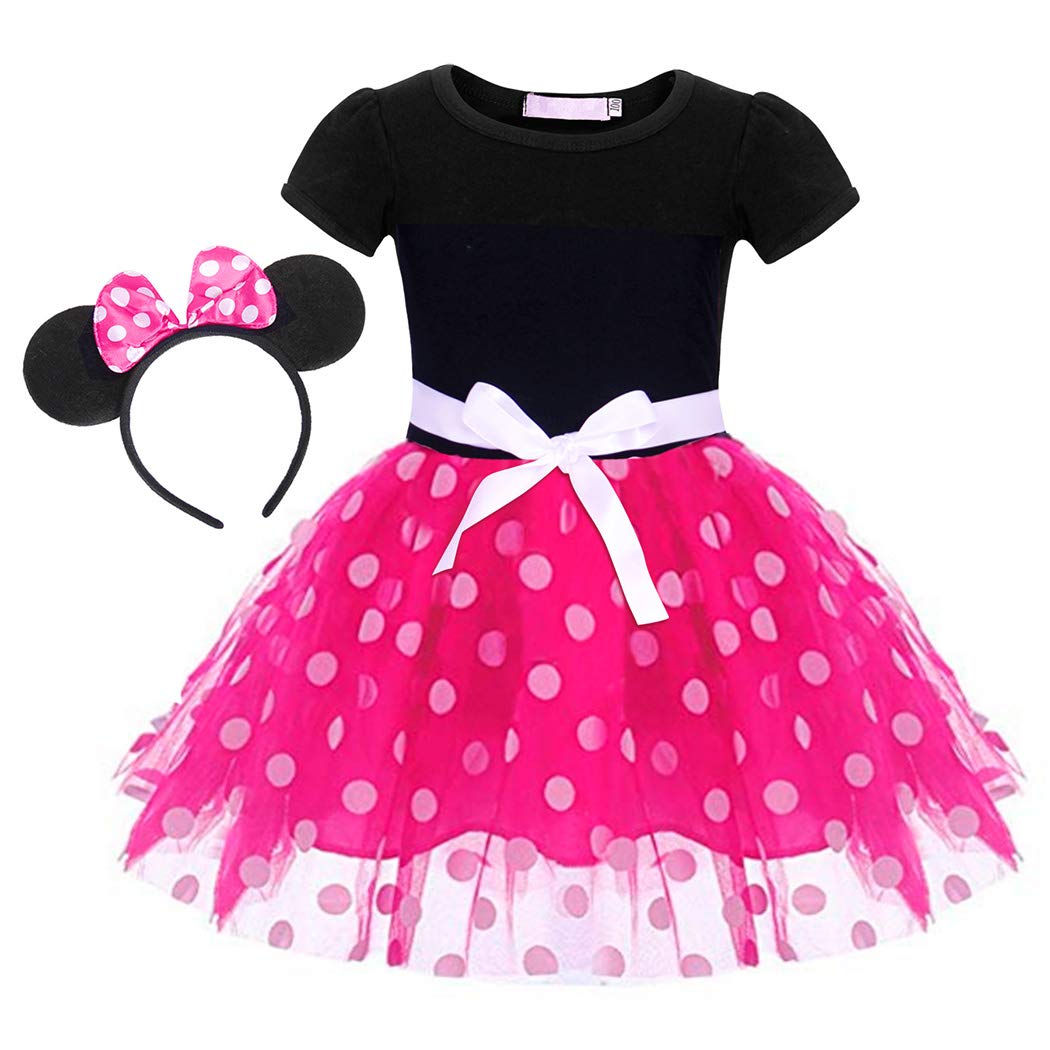 WonderBabe Toddler Girl Polka Dot Princess Dress Costume with Ears Headband - Christmas Birthday Party Outfit for Girls, Halloween Dress Up, Photo Shoot & Special Occasions