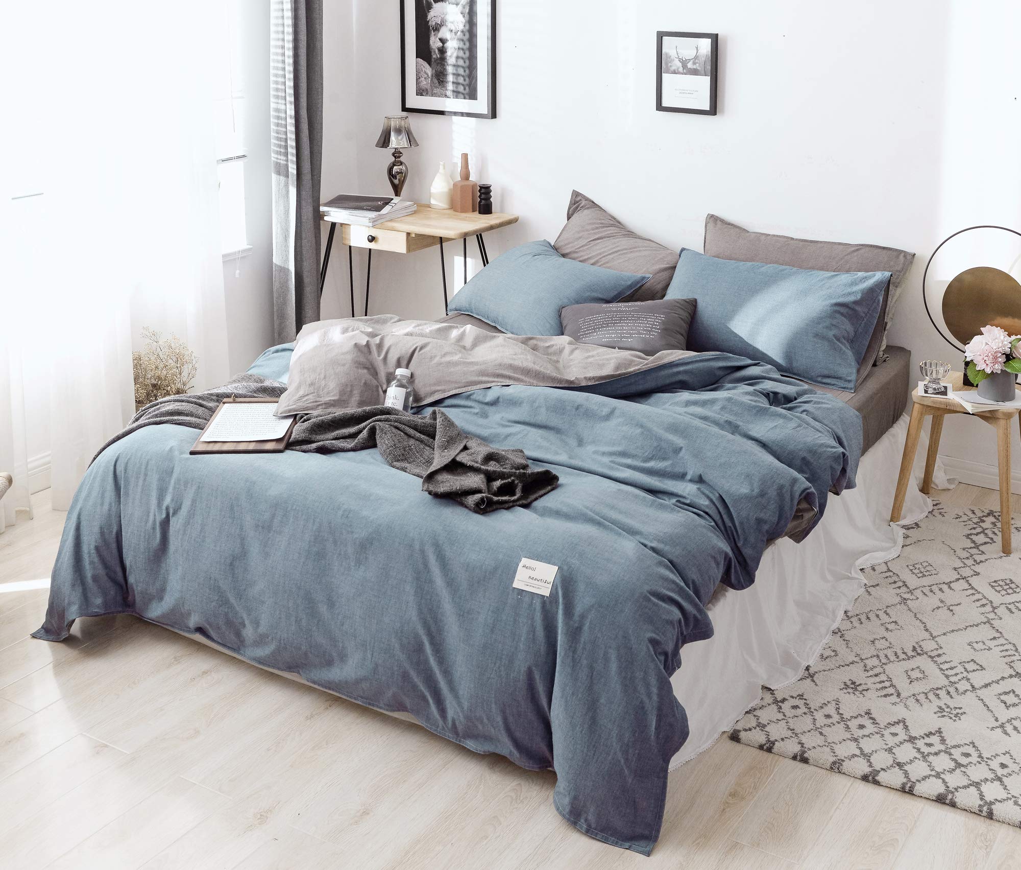 Premium 100% Cotton 200 Thread Count Duvet Cover Set - Navy Blue & Grey California King Size with 2 Pillowcases | Moon's Sleepwares Herse Series | Soft Breathable Bedding for Luxurious Hotel-Style Sleep
