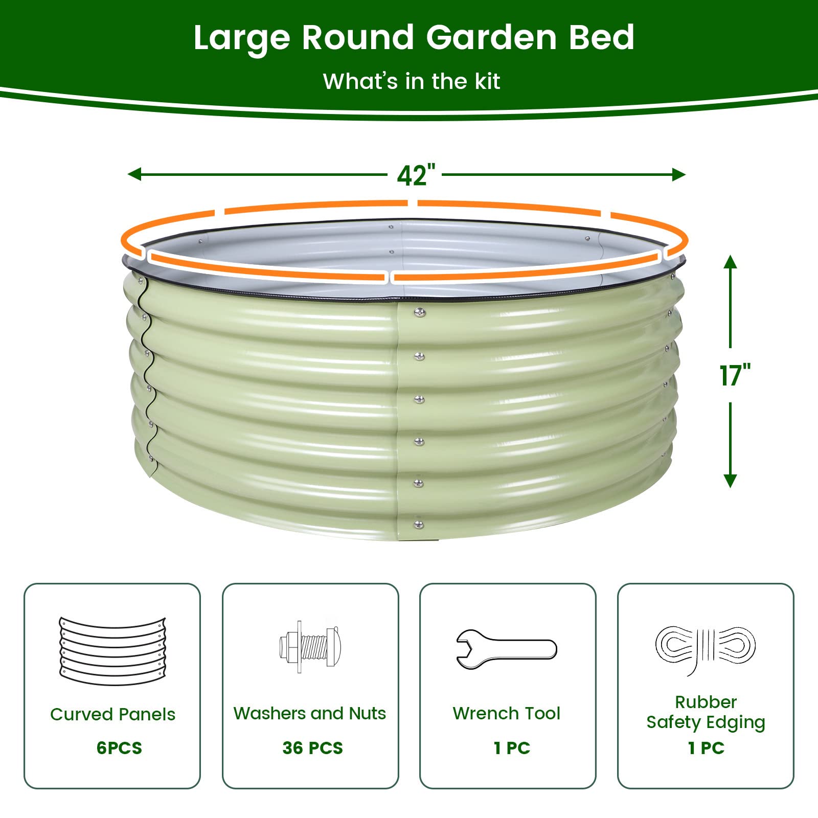 Olle 17-Inch Tall 42-Inch Round Metal Raised Garden Bed - Large Outdoor Planter Box for Vegetables, Herbs & Flowers - Durable Sage Green Gardening Solution for Backyards, Patios & Small Spaces