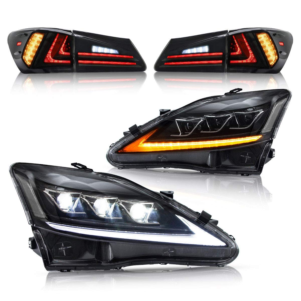 VLAND LED Headlights & Tail Lights for Lexus IS250 IS350 2006-2012 - Clear Headlamps + Smoke Rear Lights for Night Driving
