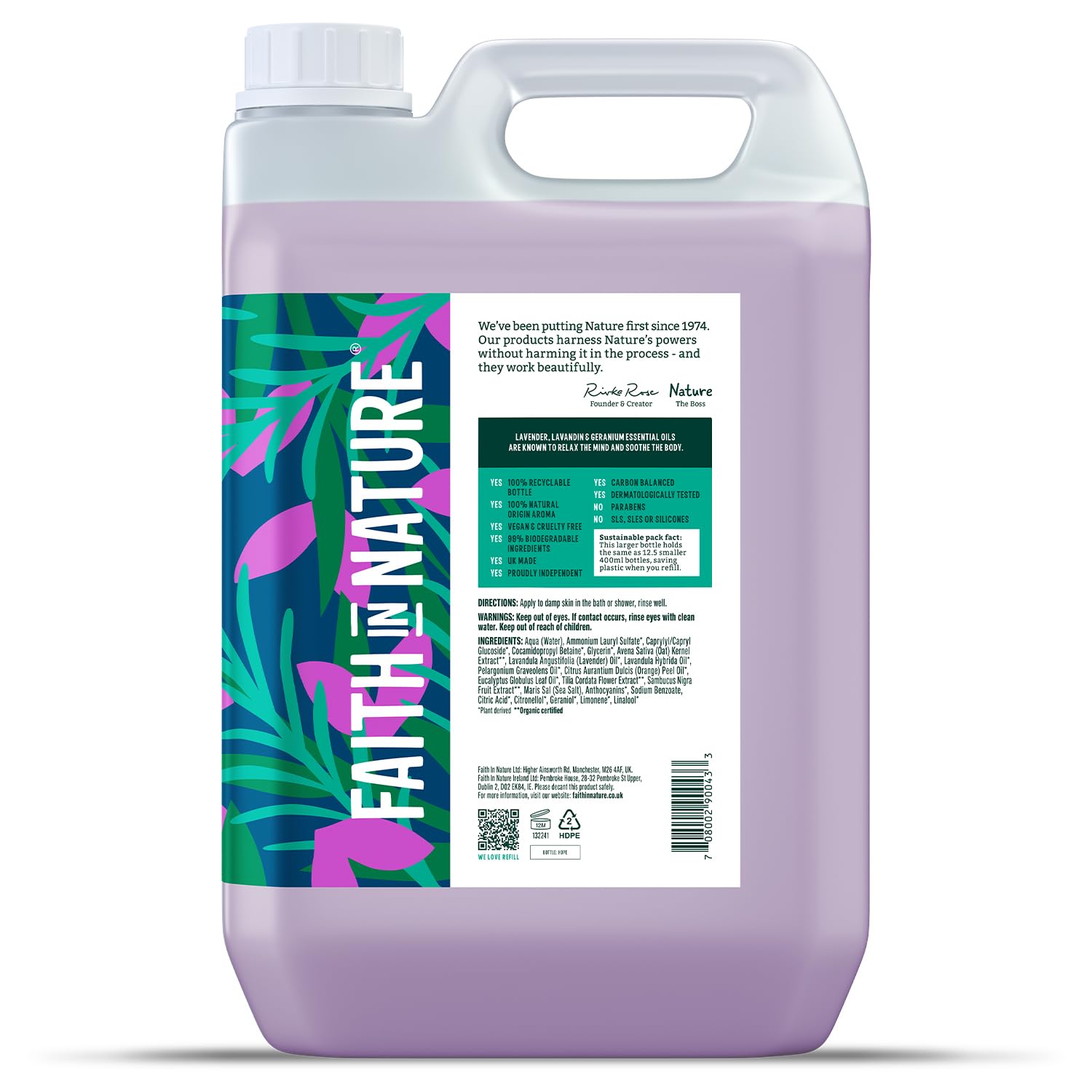 Faith In Nature Natural Lavender & Geranium Body Wash - Vegan, Cruelty-Free Shower Gel with No SLS or Parabens | 5L Refill Pack for Spa, Bath & Relaxation at Home