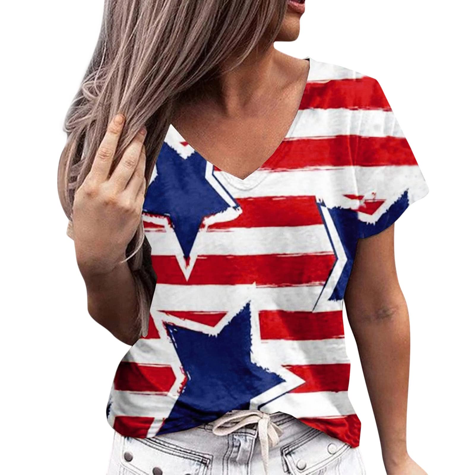 Women's American Flag V-Neck & Crewneck T-Shirts - Patriotic Summer Tops, 4th of July Blouses, Short Sleeve USA Tunic for Casual Wear, Independence Day Celebrations & Everyday Outfits