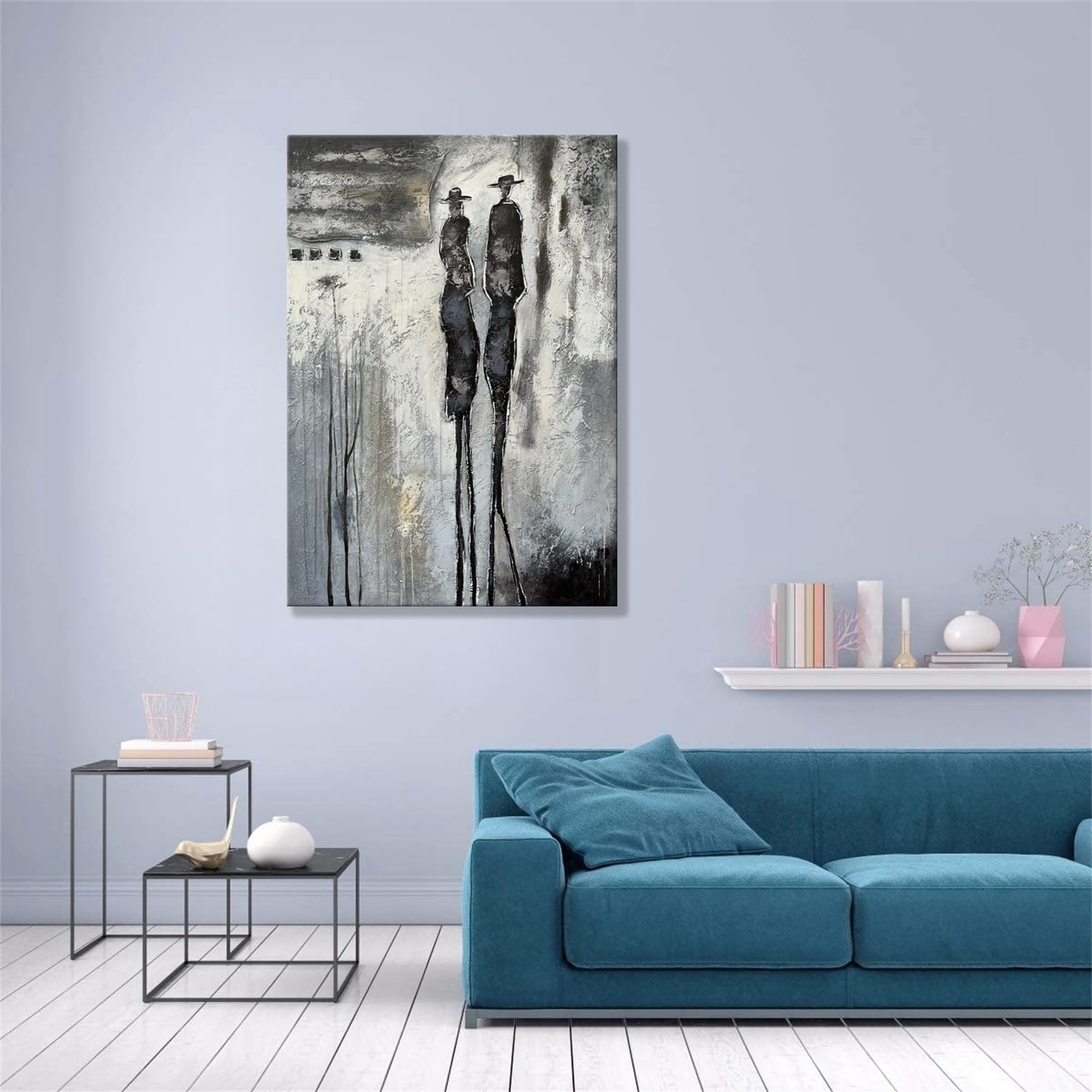 Yao or Miao Hand-Painted Dark Lover in Rain Oil Painting - 28x40 Inches Black & White Abstract Wall Art with Texture - Modern Home & Office Decor for Living Room, Bedroom, or Gallery Display