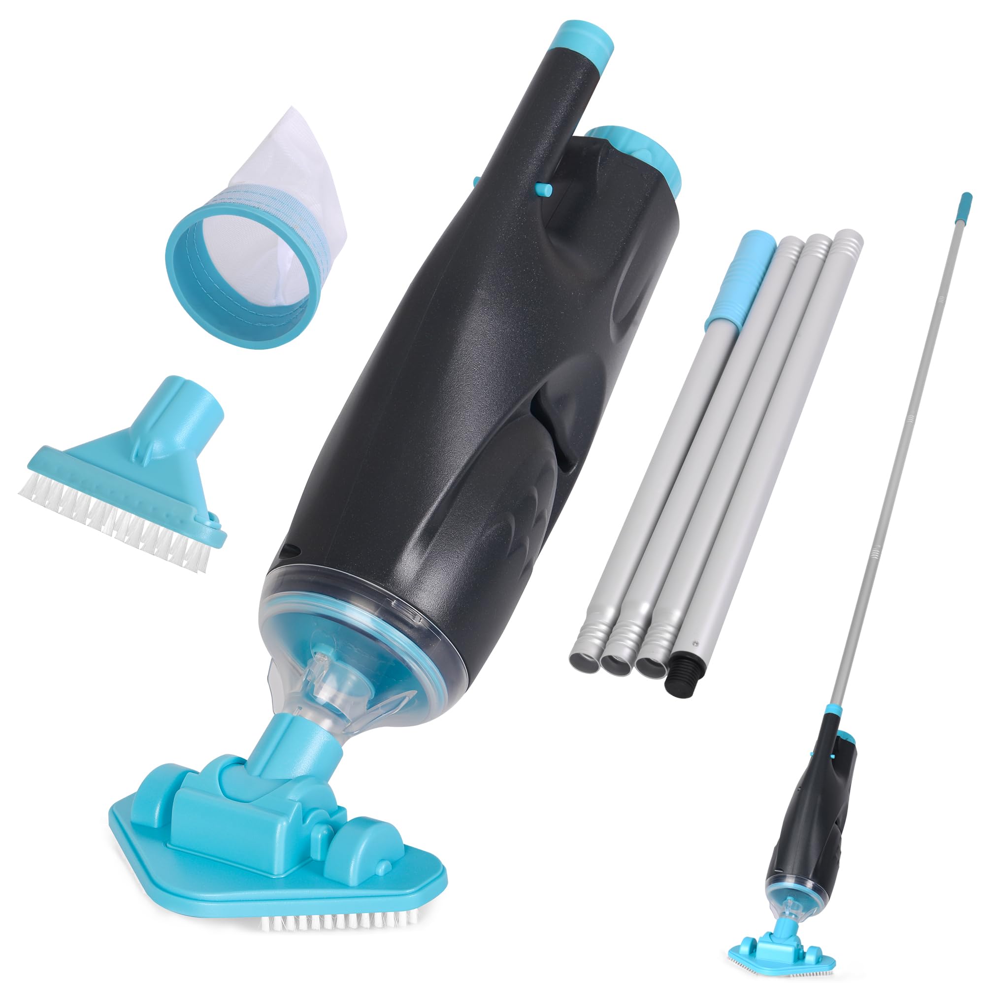 Rechargeable Cordless Pool Vacuum - Adjustable Pole & Brush Heads for Above-Ground Pools & Spas