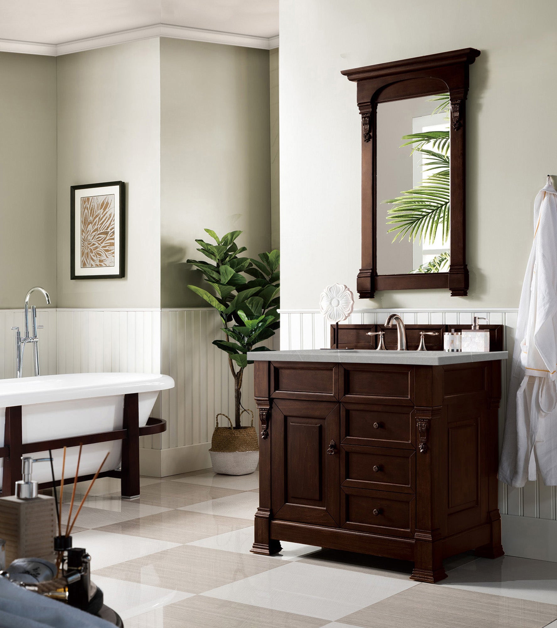 Brookfield 36 Inch Single Bathroom Vanity with Burnished Mahogany Base & 3CM Eternal Serena Quartz Countertop - Perfect for Modern Master Bathrooms and Guest Bathroom Renovations