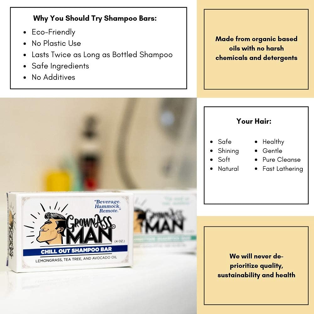 **Natural Solid Shampoo Bar for Hair, Beard & Body - 3 in 1 Organic & Plastic-Free, Rich Lather for All Hair Types, 4oz (Chill Out Scent, 3-Pack) – Eco-Friendly Travel & Zero Waste Bathroom Essential**