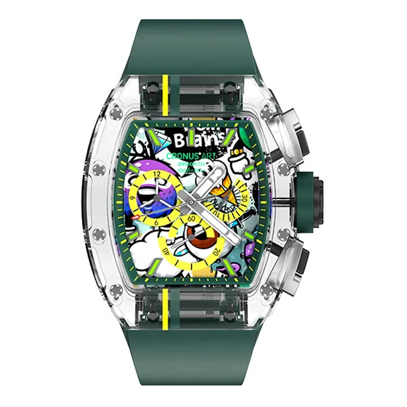 CRONUSART Men's Chronograph Watch - Tonneau Sapphire Crystal Case, Automatic Mechanical Wristwatch with Luminous Hands, Skeleton Dial & Triple Calendar Display - Durable Fluororubber Strap for Business, Casual & Outdoor Activities