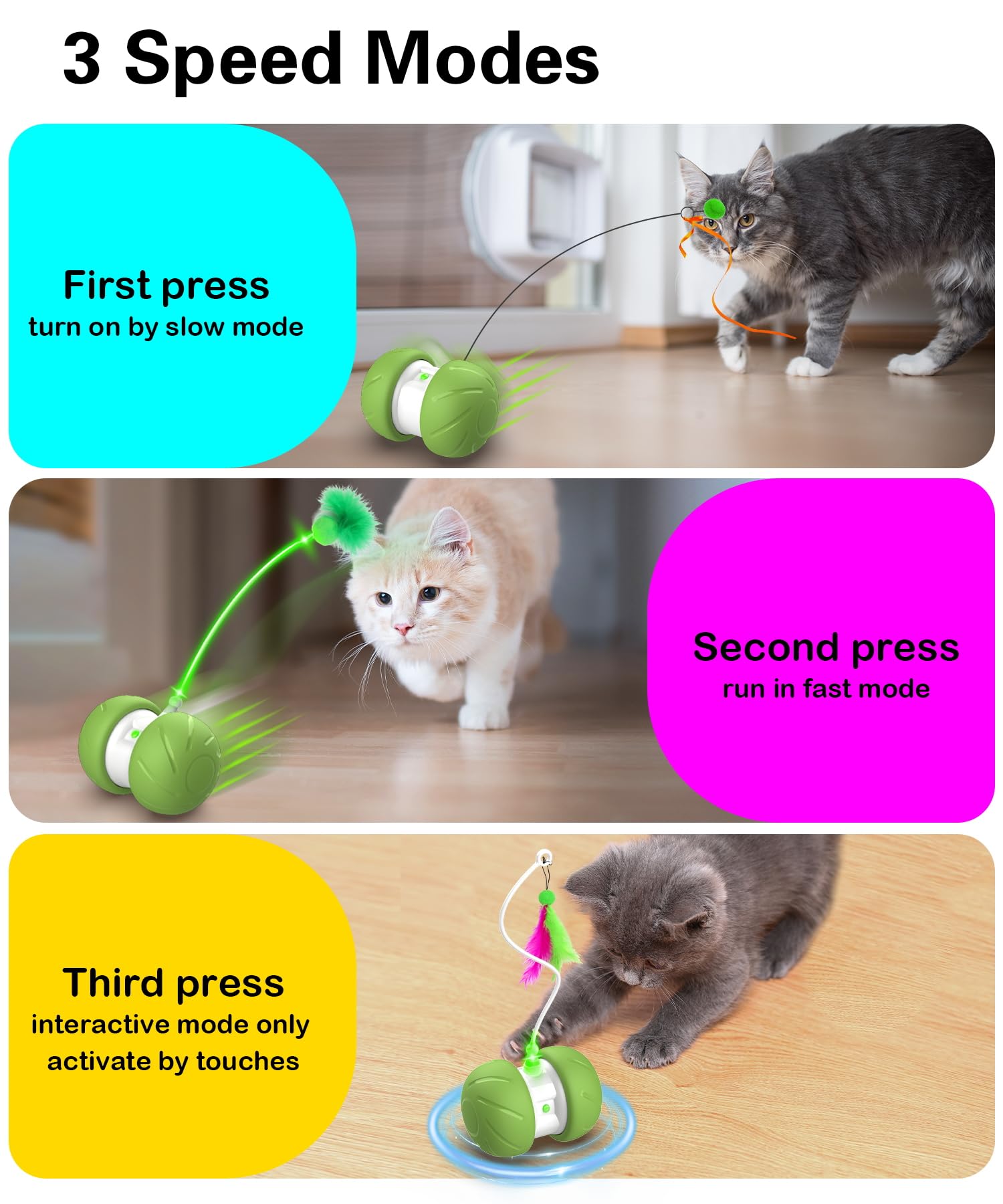 Interactive Motion Activated Cat Toys for Indoor Cats - Automatic USB Rechargeable Cat Toy with Extra Long Feather Wand & Mouse Toy (Green) - Perfect for Playtime, Exercise & Boredom Relief