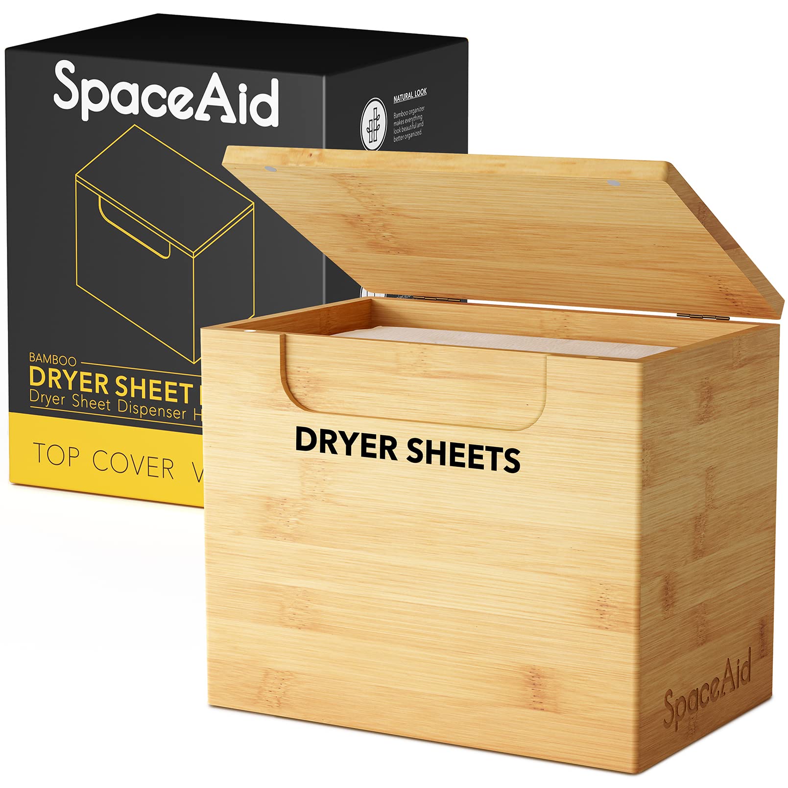 SpaceAid Bamboo Dryer Sheet Holder with Lid & Labels - Laundry Softener Dispenser Organizer for Home, Laundry Room & Farmhouse Decor | Perfect for Organizing Dryer Sheets, Fabric Softeners & Laundry Essentials