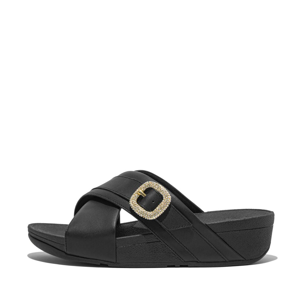 FitFlop Lulu Crystal Buckle Leather Cross Slides Sandals for Women - Comfortable Orthopedic Black Sandals for Walking, Travel & Summer Outfits